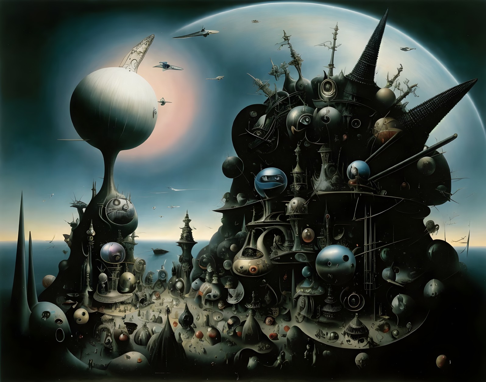 Dark surreal landscape with intricate towers and floating orbs