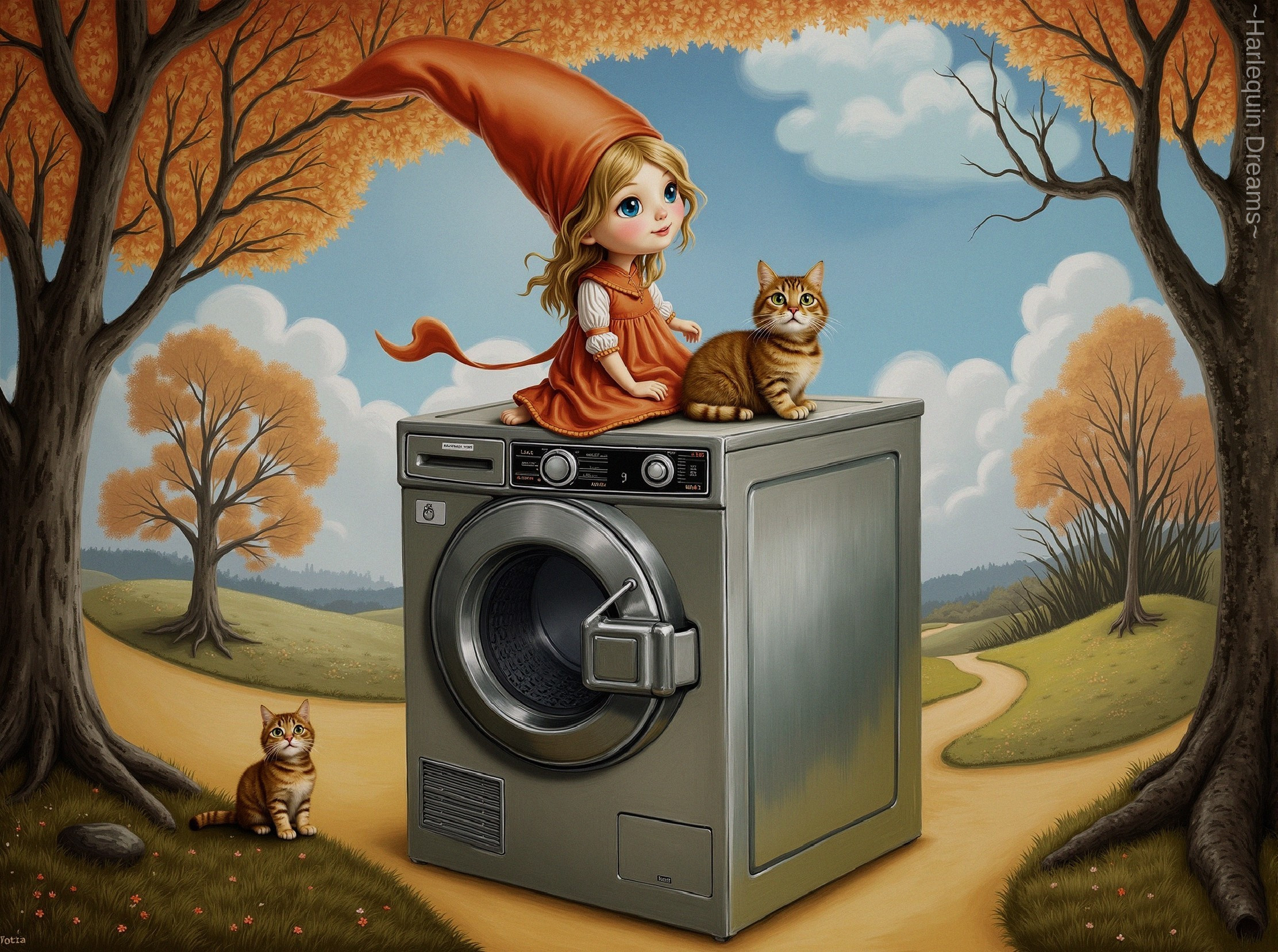 Young girl on washing machine with autumn scenery