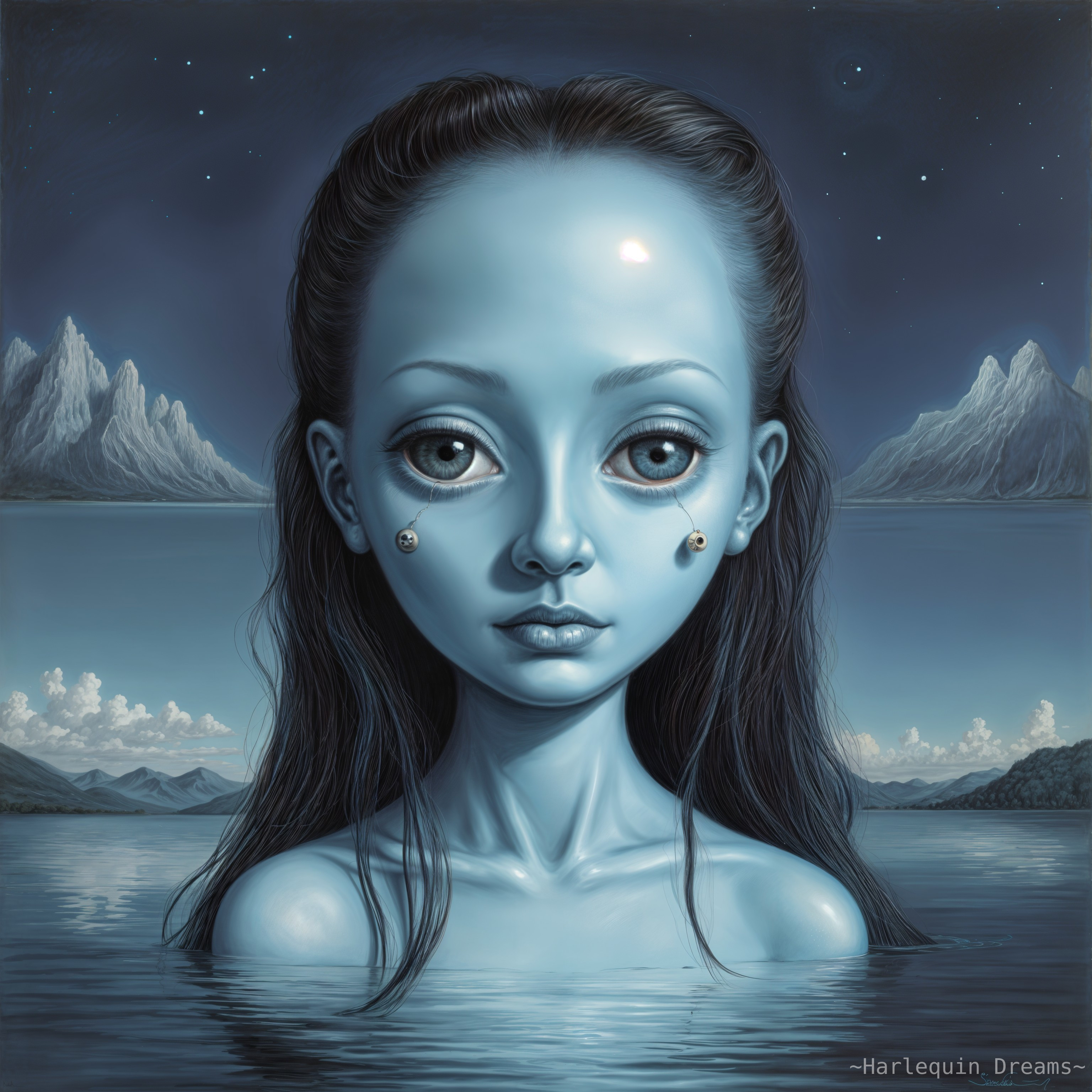 Surreal Blue-Skinned Girl in Ethereal Night Landscape
