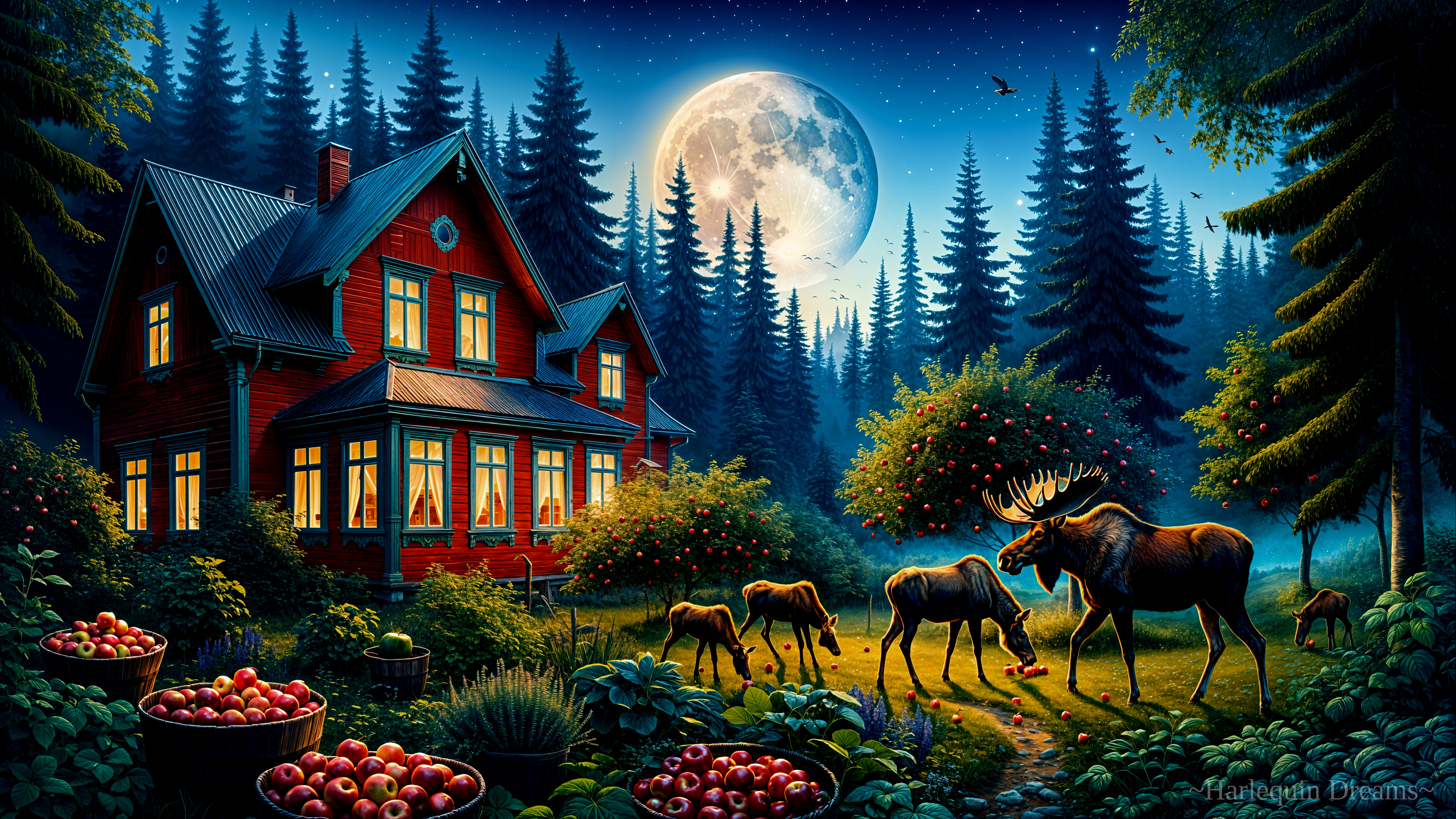 Twilight Scene with Red House and Grazing Moose