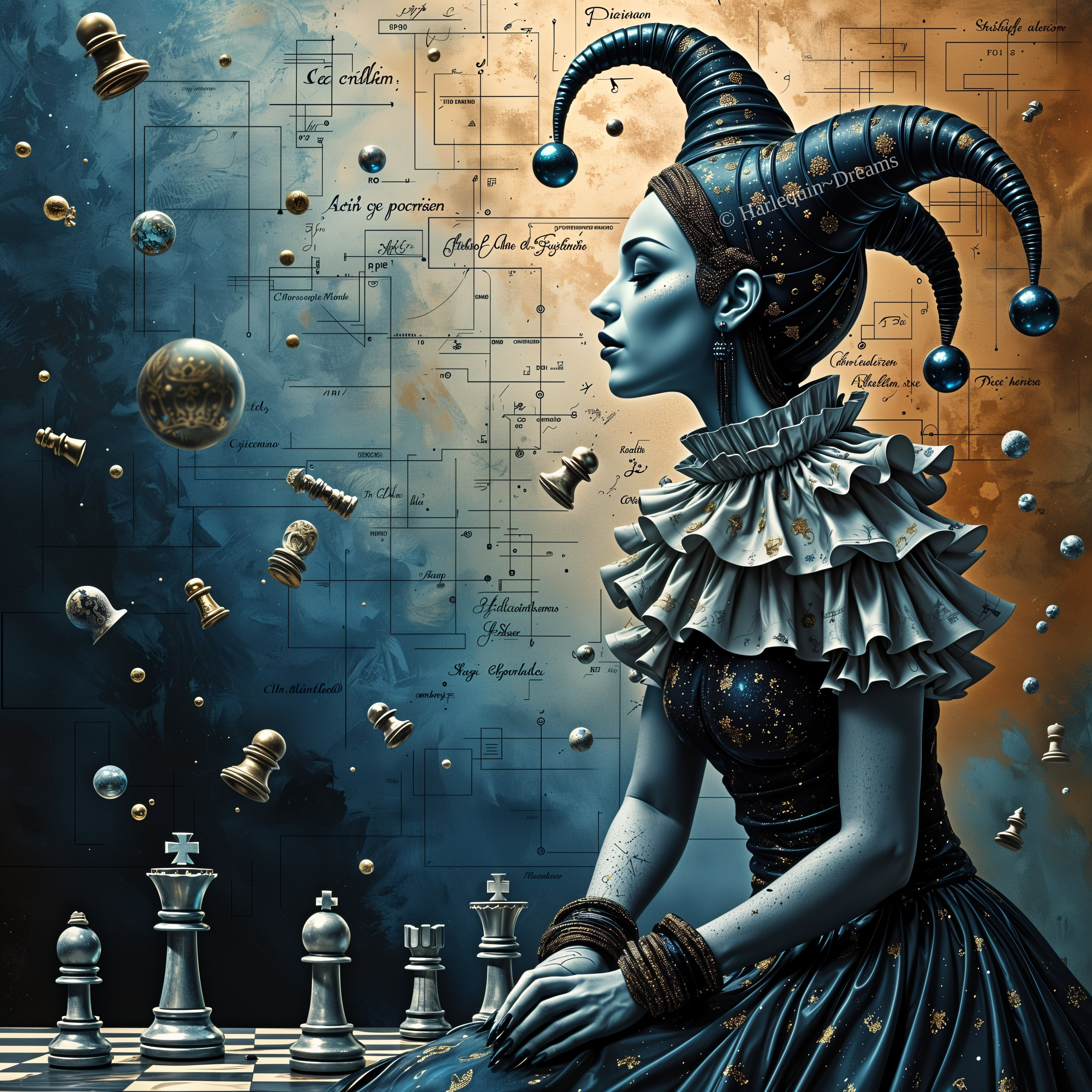 Surreal Figure in Jester Hat Amidst Chess Imagery