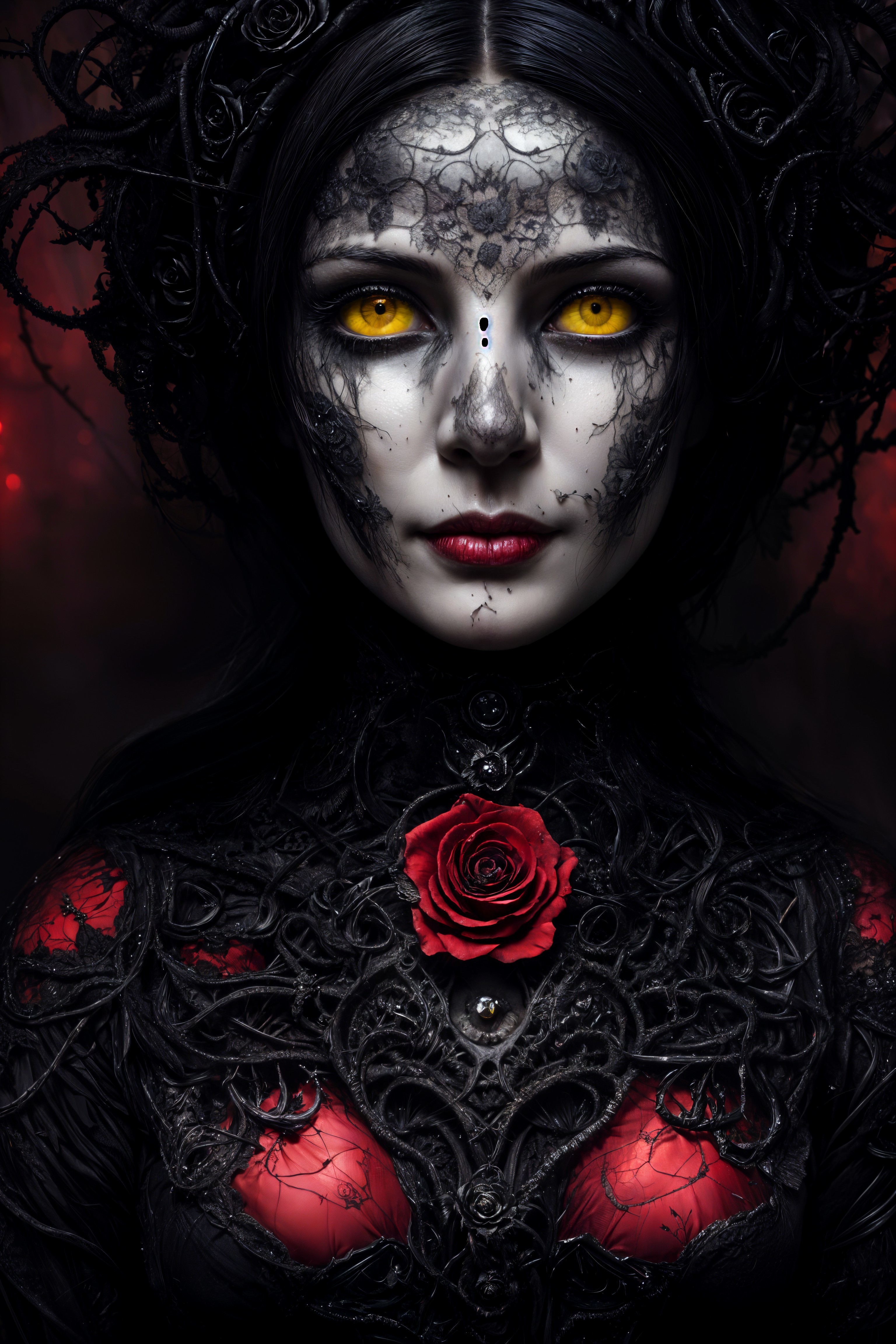 Gothic Figure with Lace Patterns and Yellow Eyes