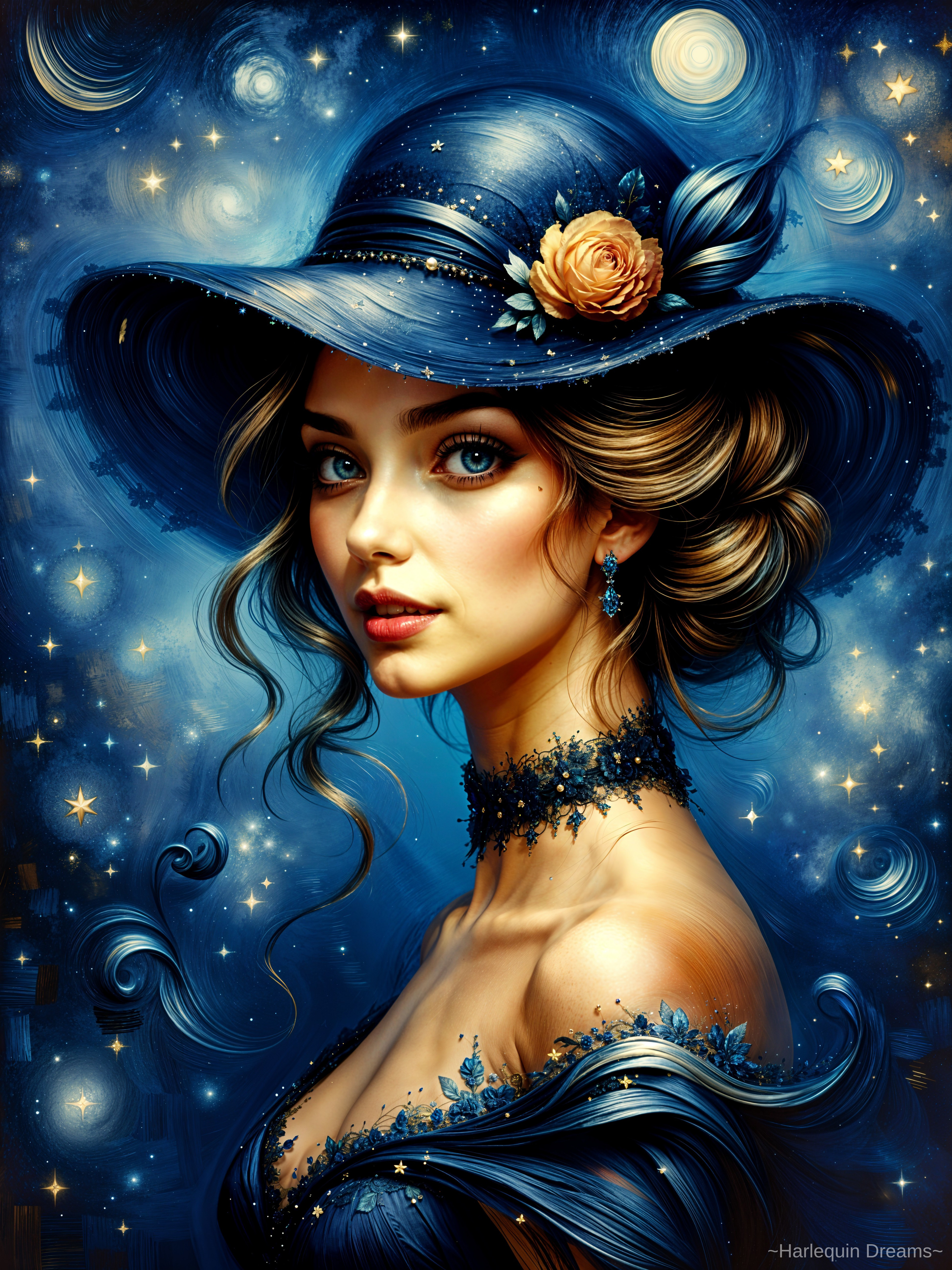 Elegant Woman in Blue Hat with Celestial Background