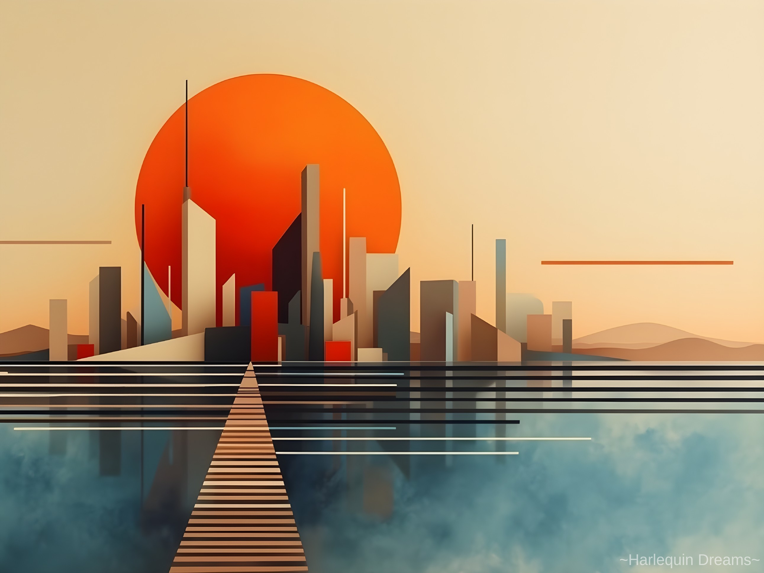 Stylized cityscape at sunset with reflective water