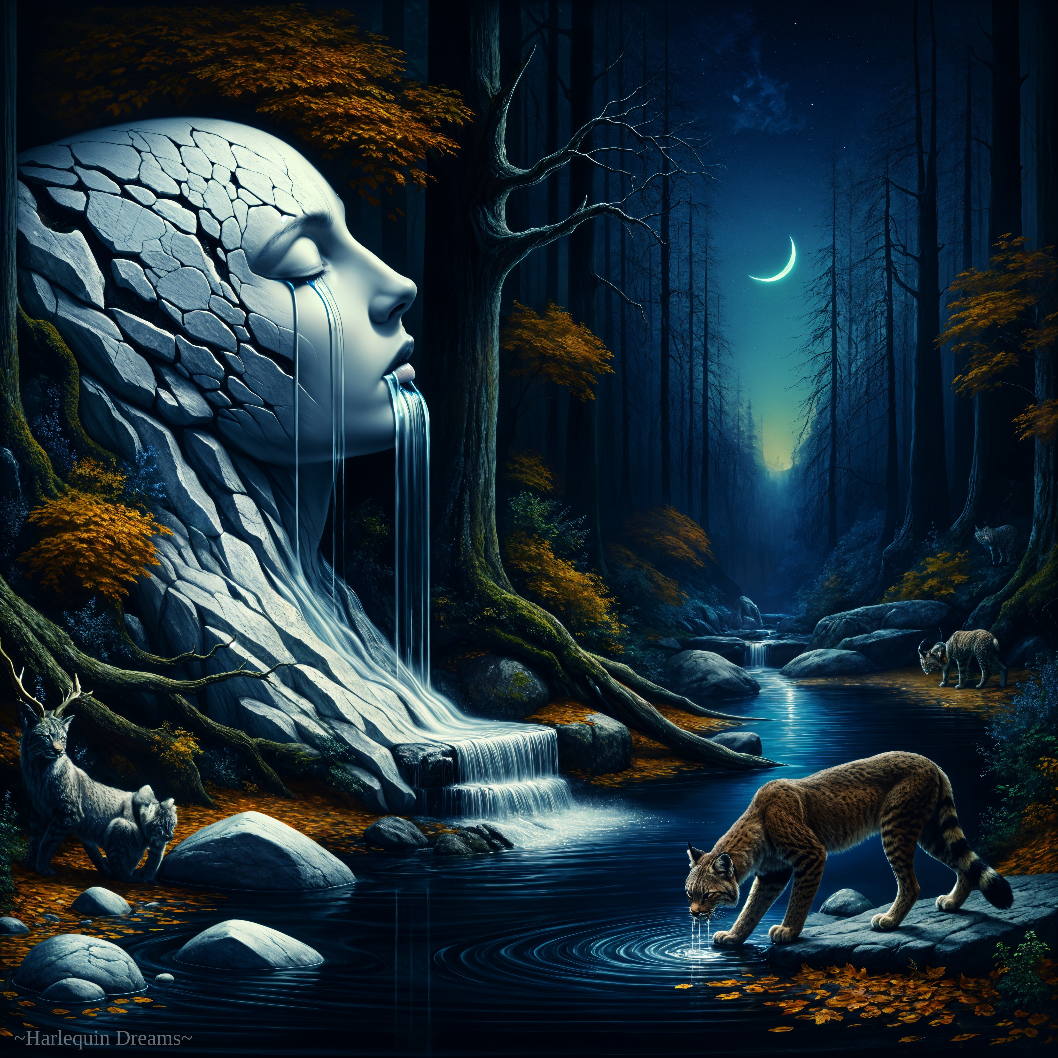 Colossal Face and Tiger in Mystical Twilight Forest