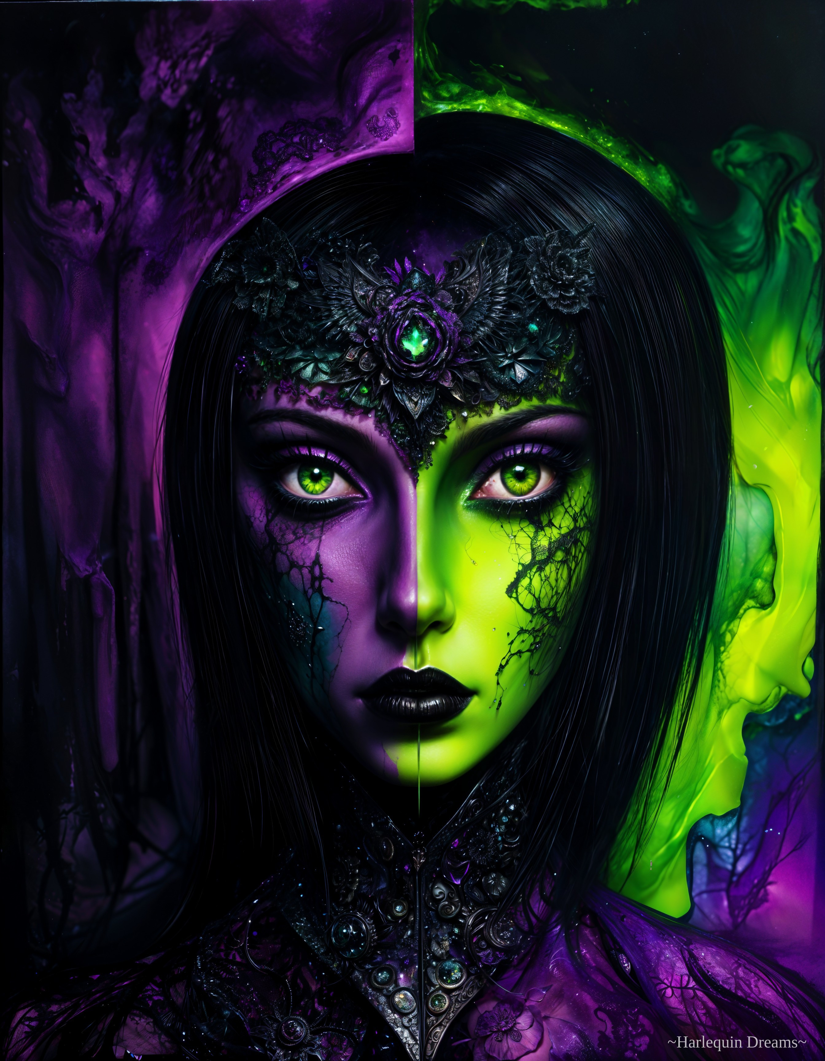 Split Portrait of a Woman in Purple and Green