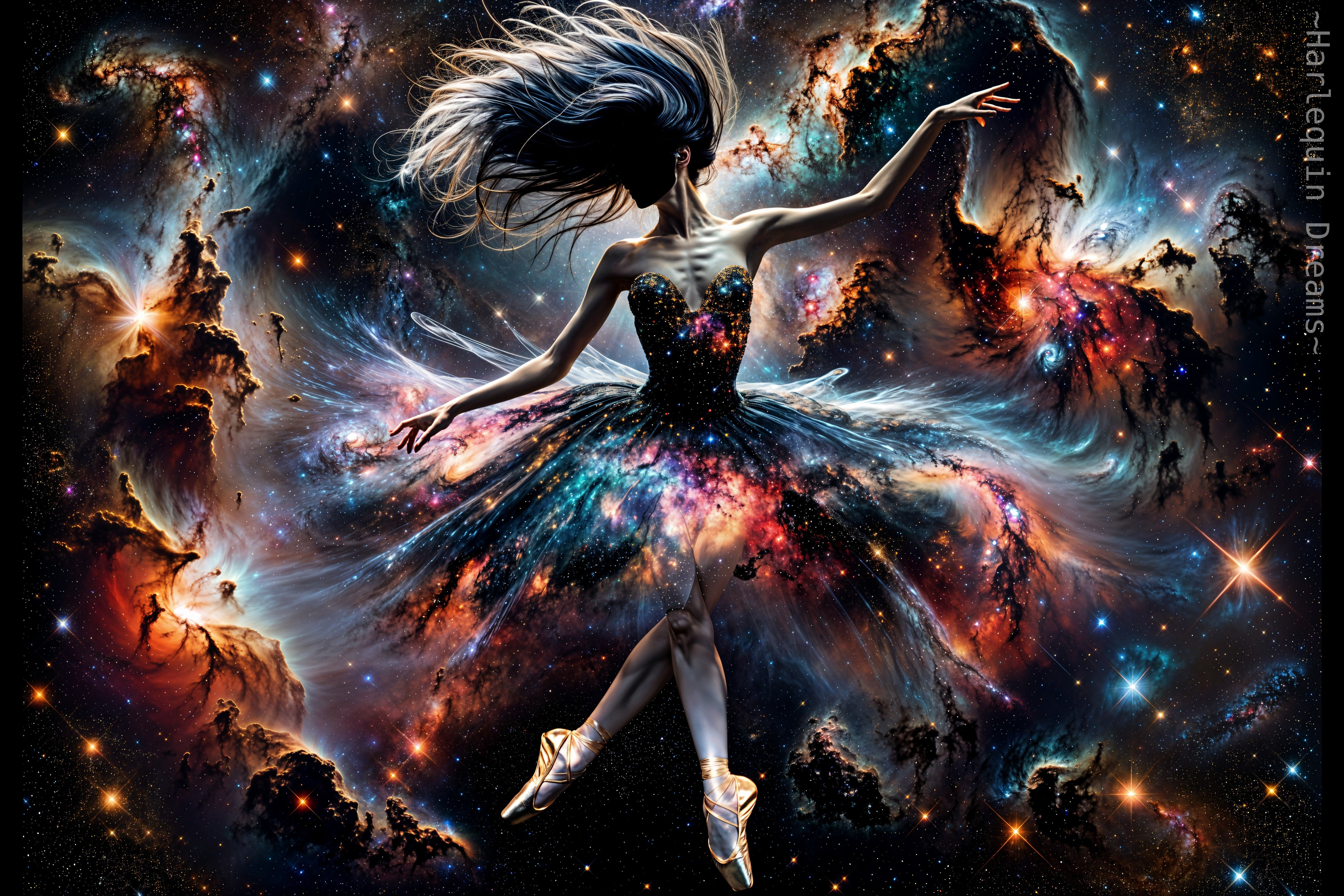 Ballerina Dancing in a Cosmic Galaxy Backdrop