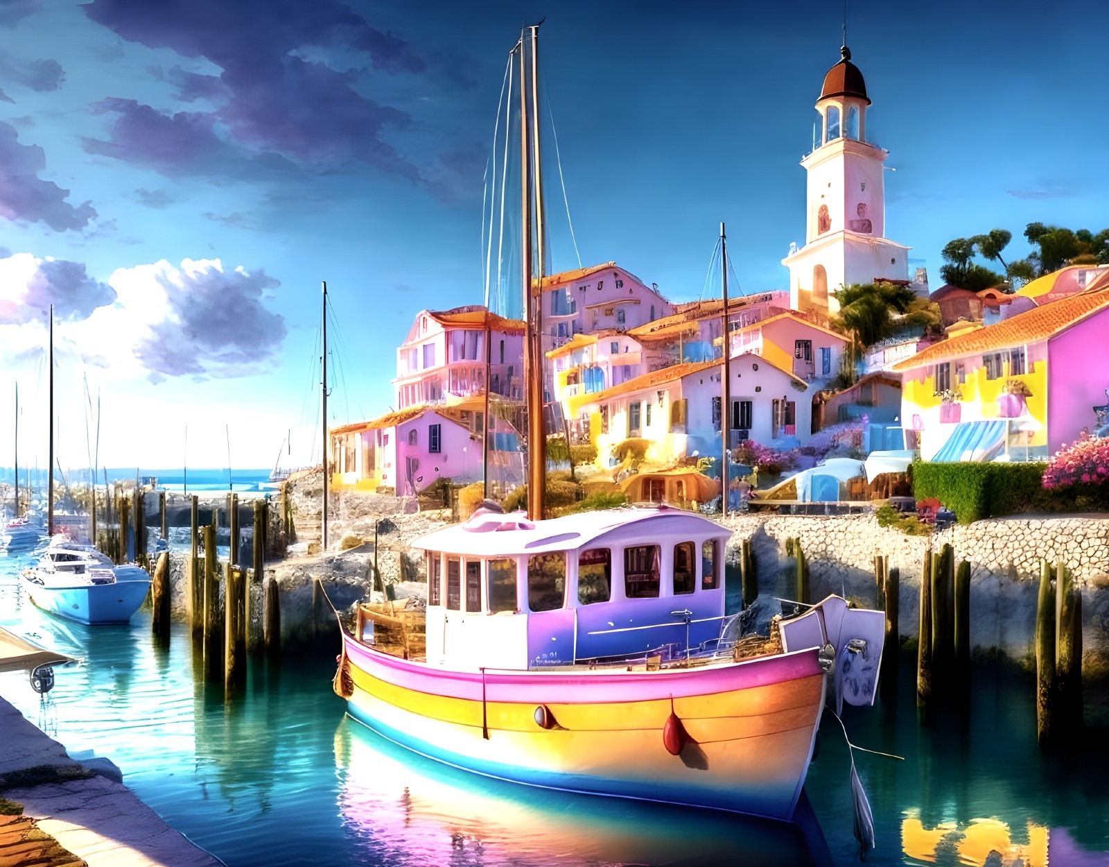 Vibrant Harbor Scene with Pastel Buildings and Yachts