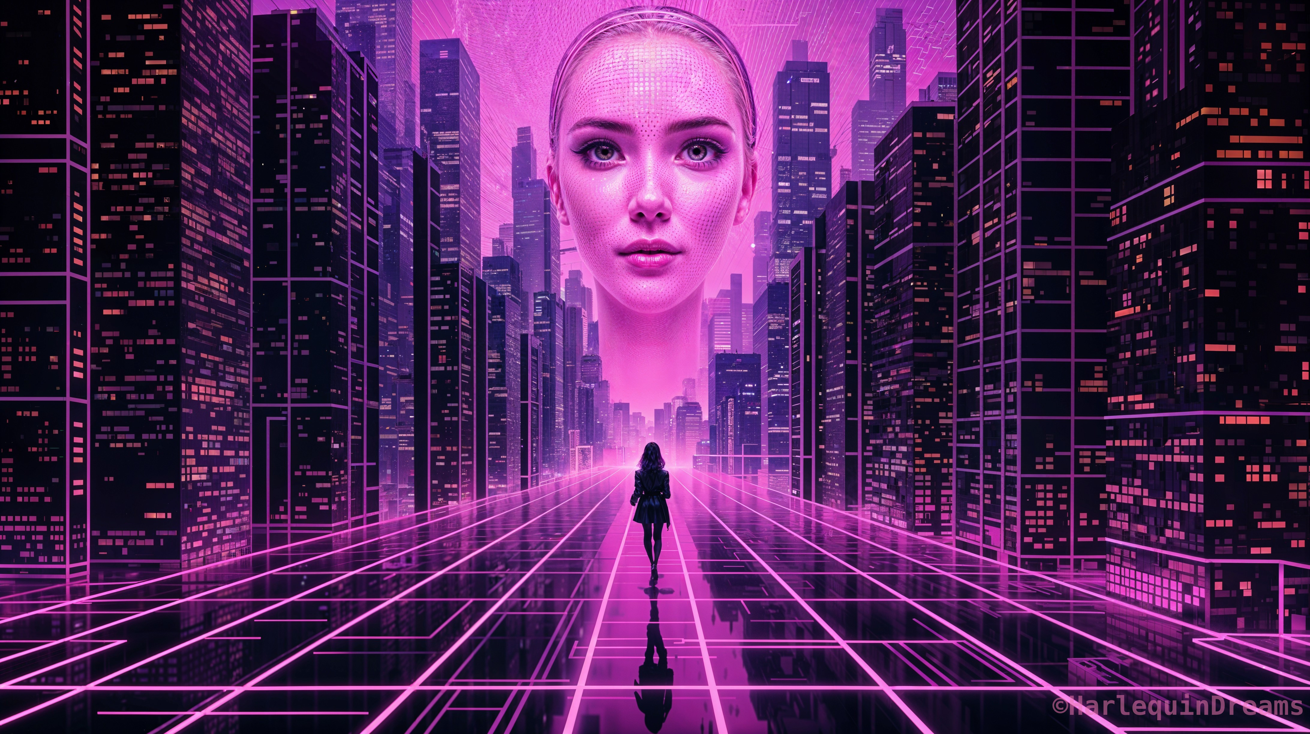 Futuristic cityscape with pink hues and digital face