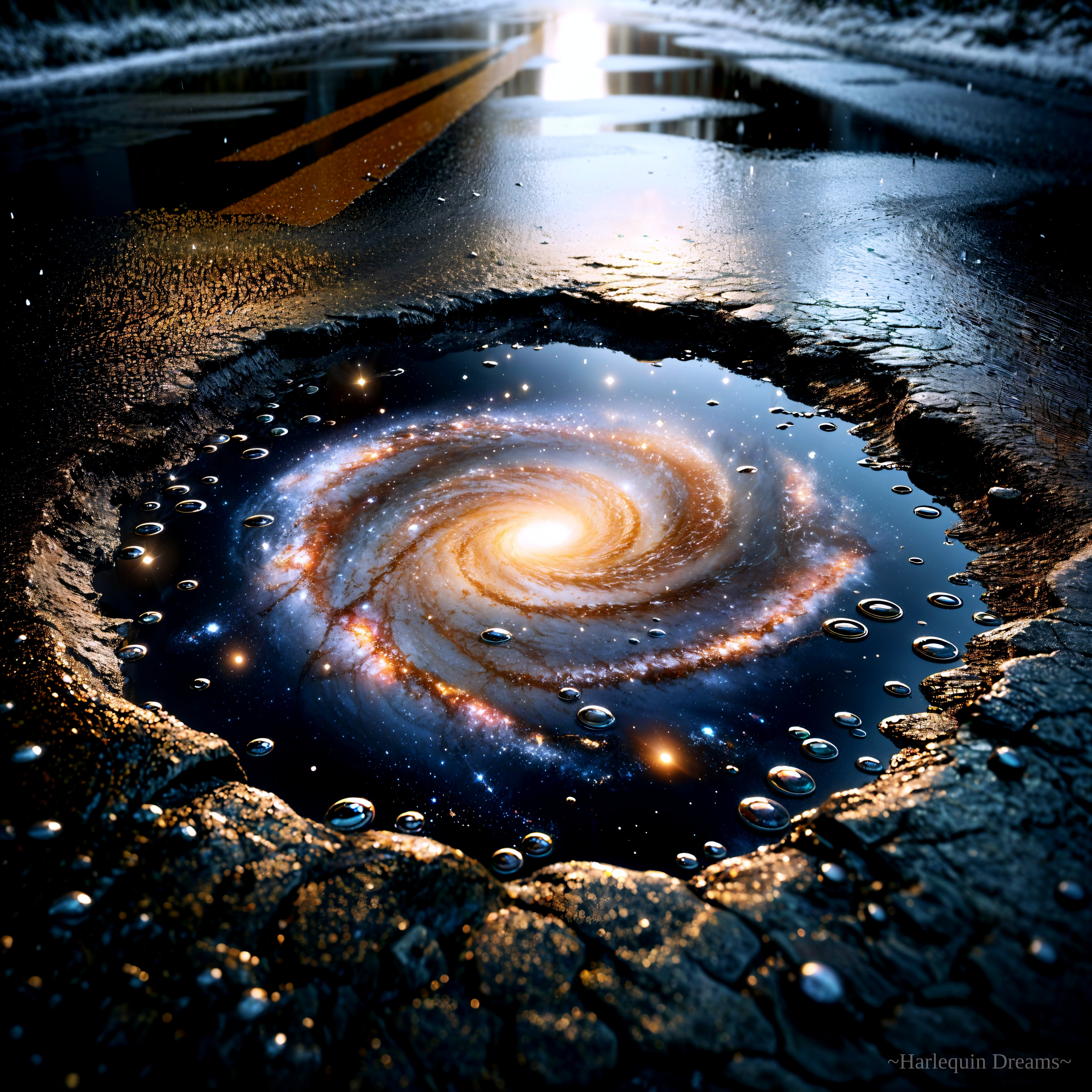 Swirling Galaxy Reflected in Puddle on Cracked Street