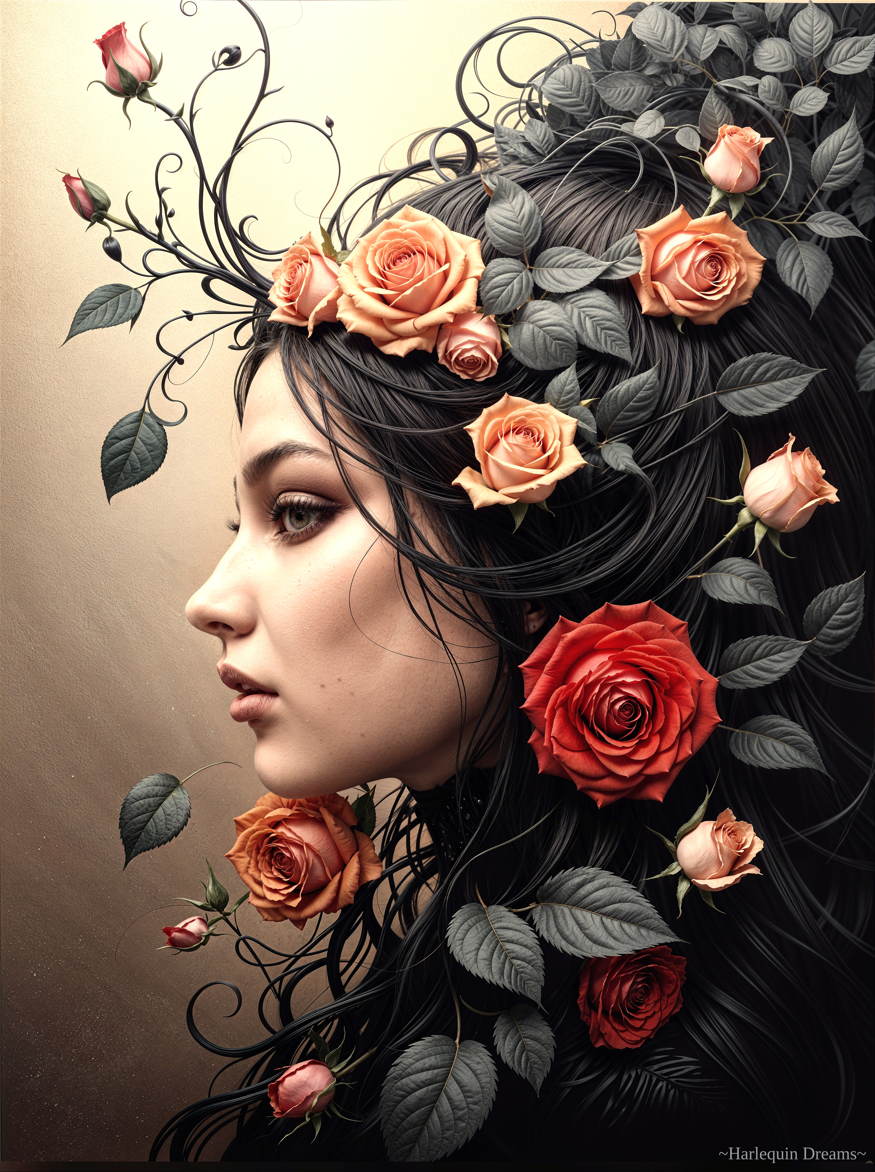 Woman's Profile with Dark Hair and Floral Accents