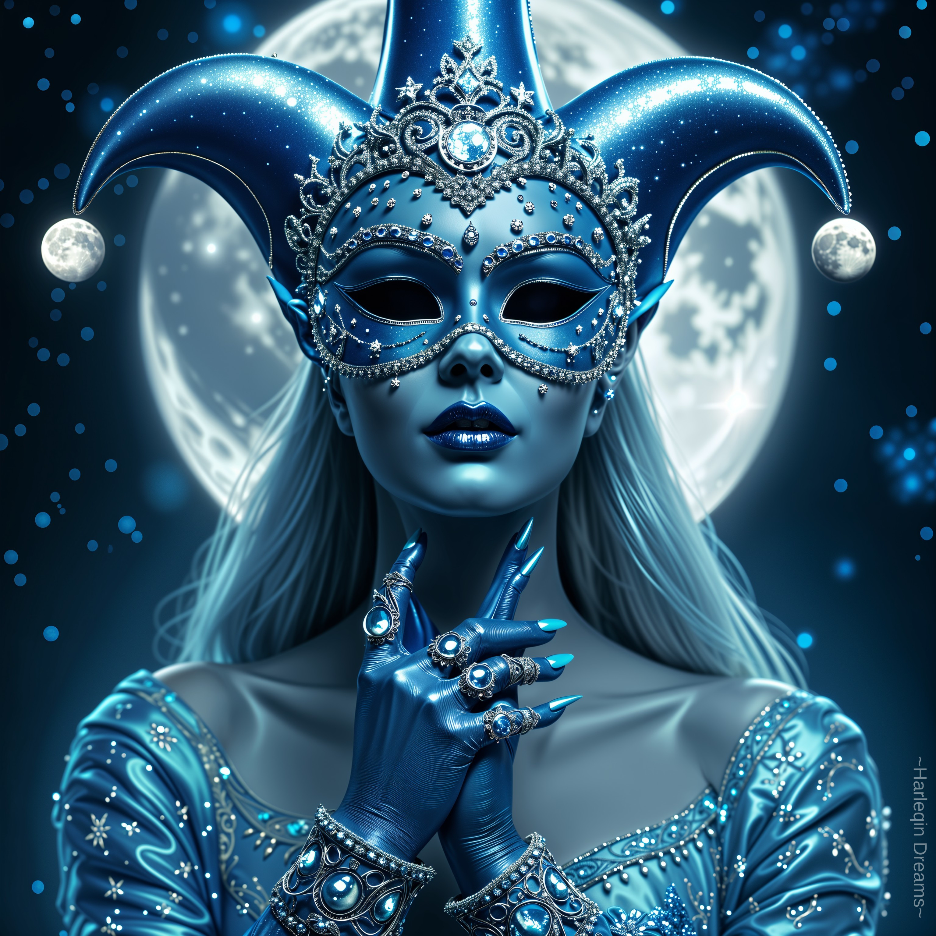 Ornate Blue Jester Mask Against Moonlit Backdrop