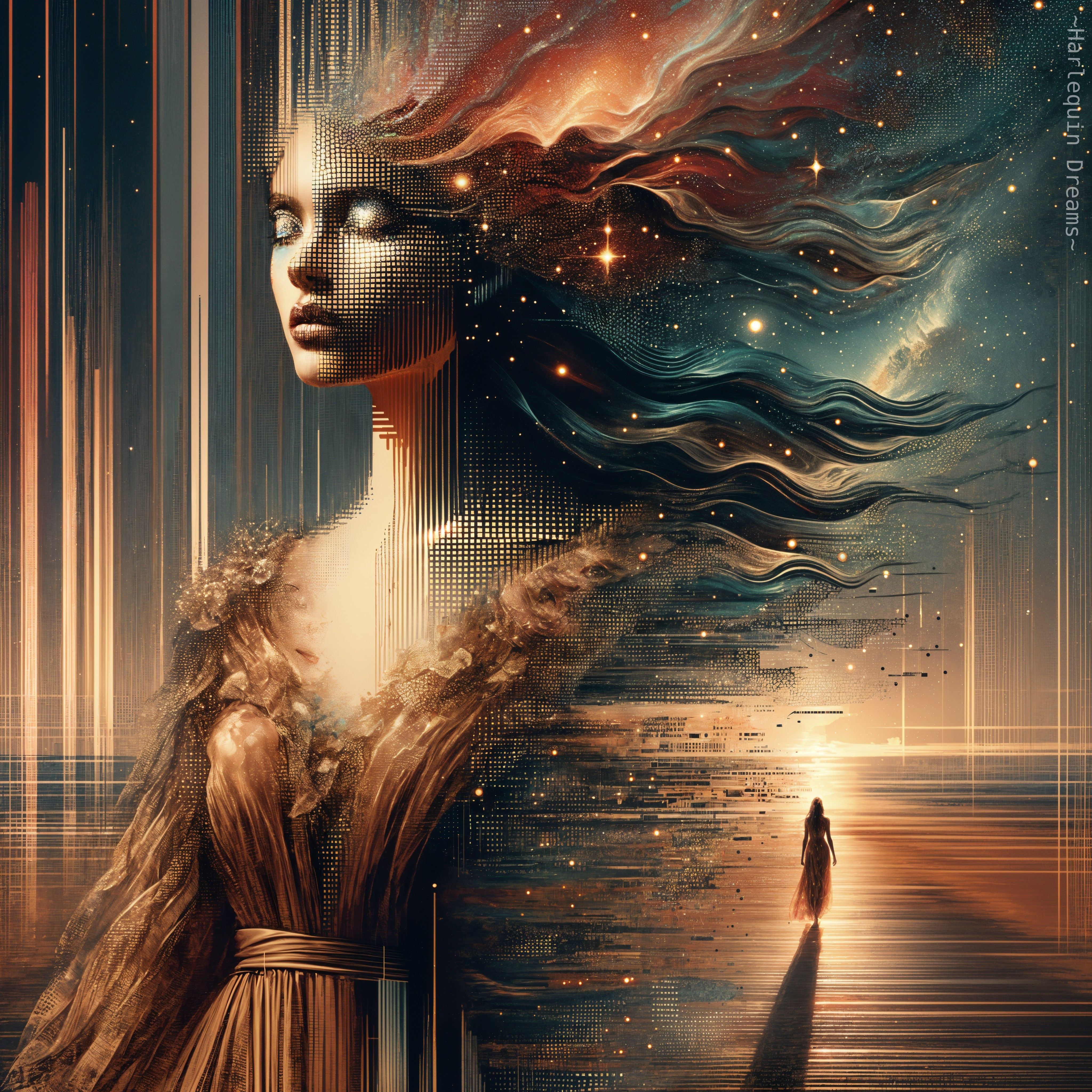 Surreal Image of Woman Merging with Cosmic Landscape