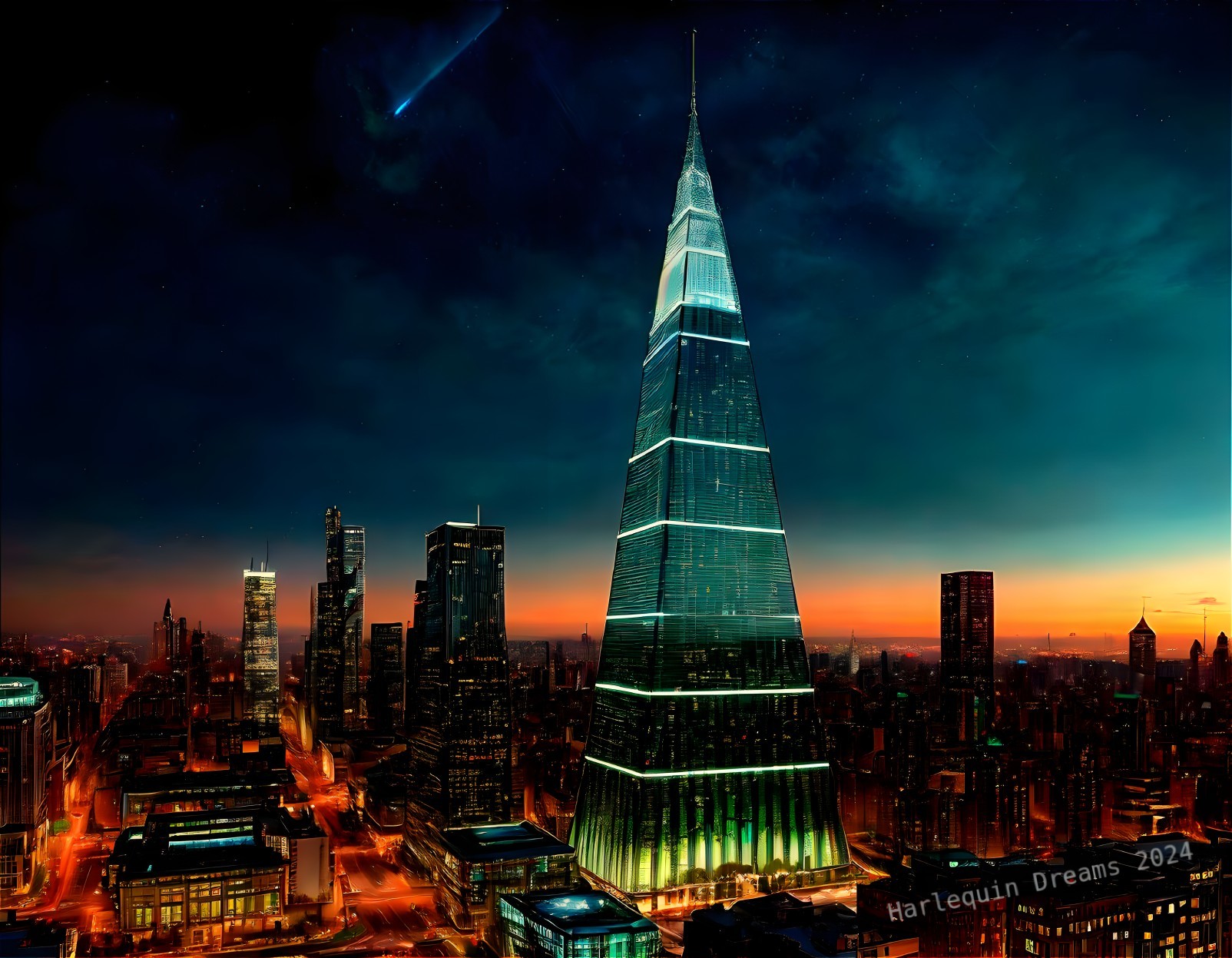 Futuristic skyscraper and comet in cityscape at dusk