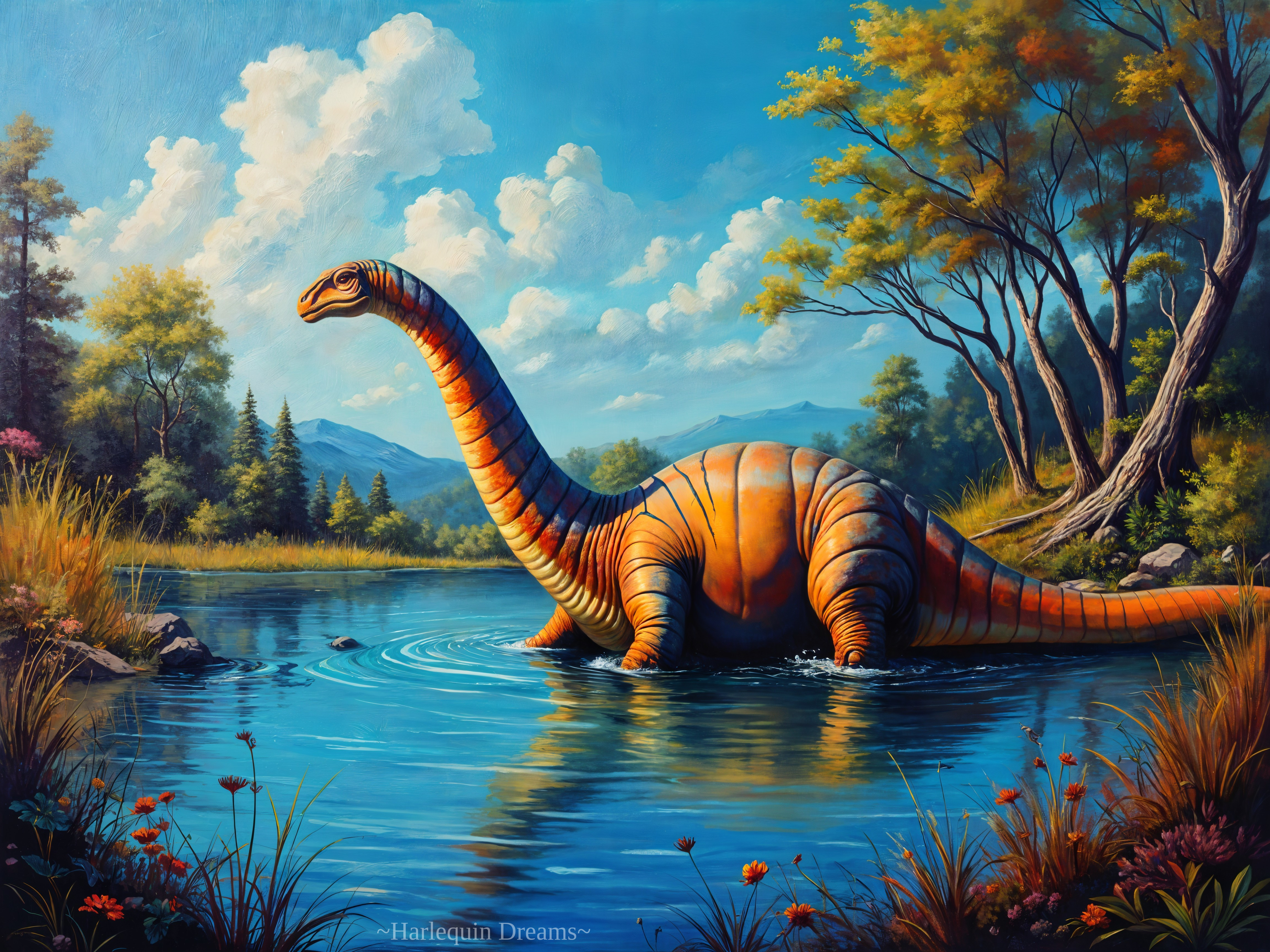 Vibrant Landscape with Orange-Striped Dinosaur Emergence
