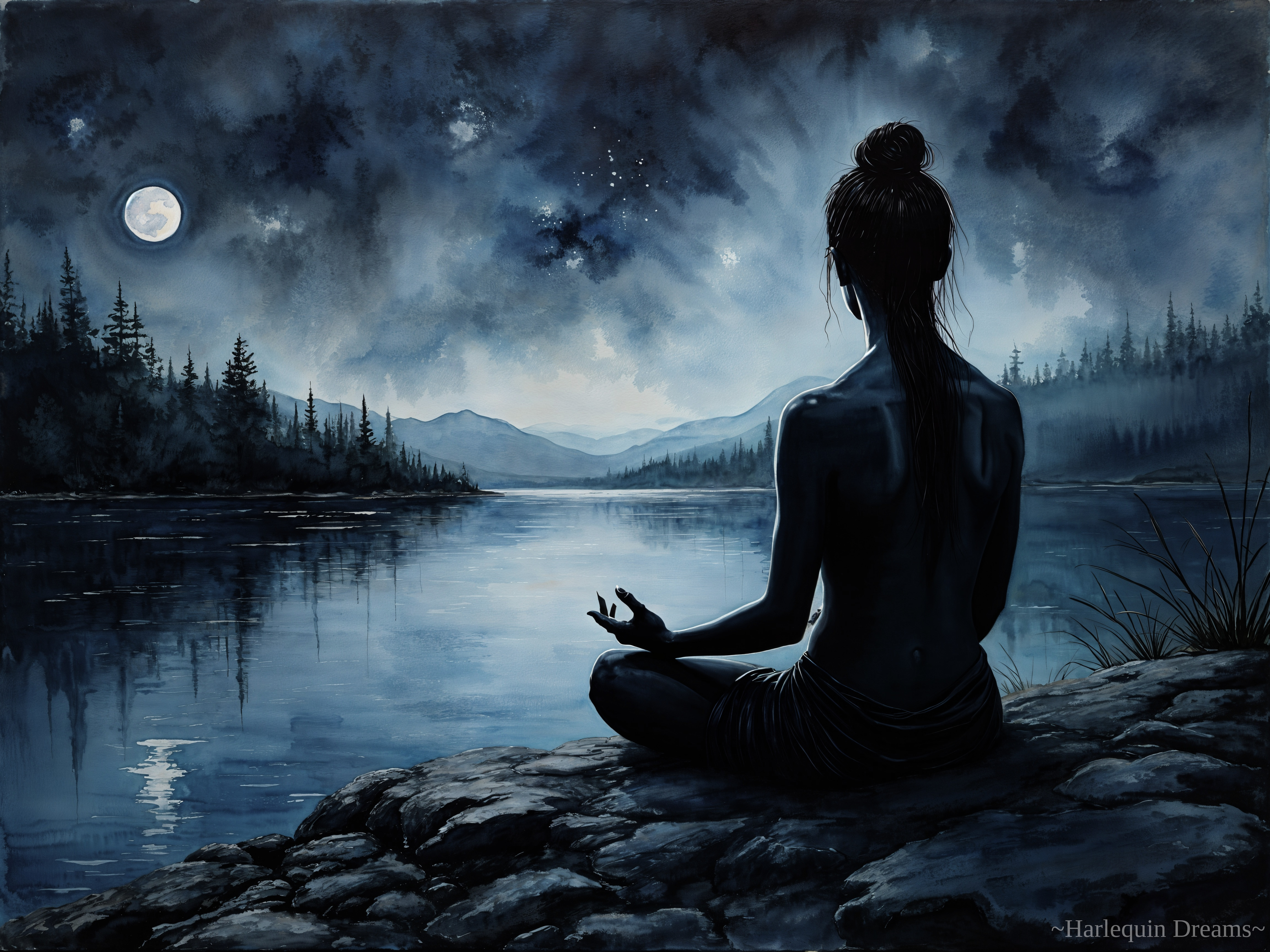 Meditative Figure by Tranquil Lake Under Starry Sky