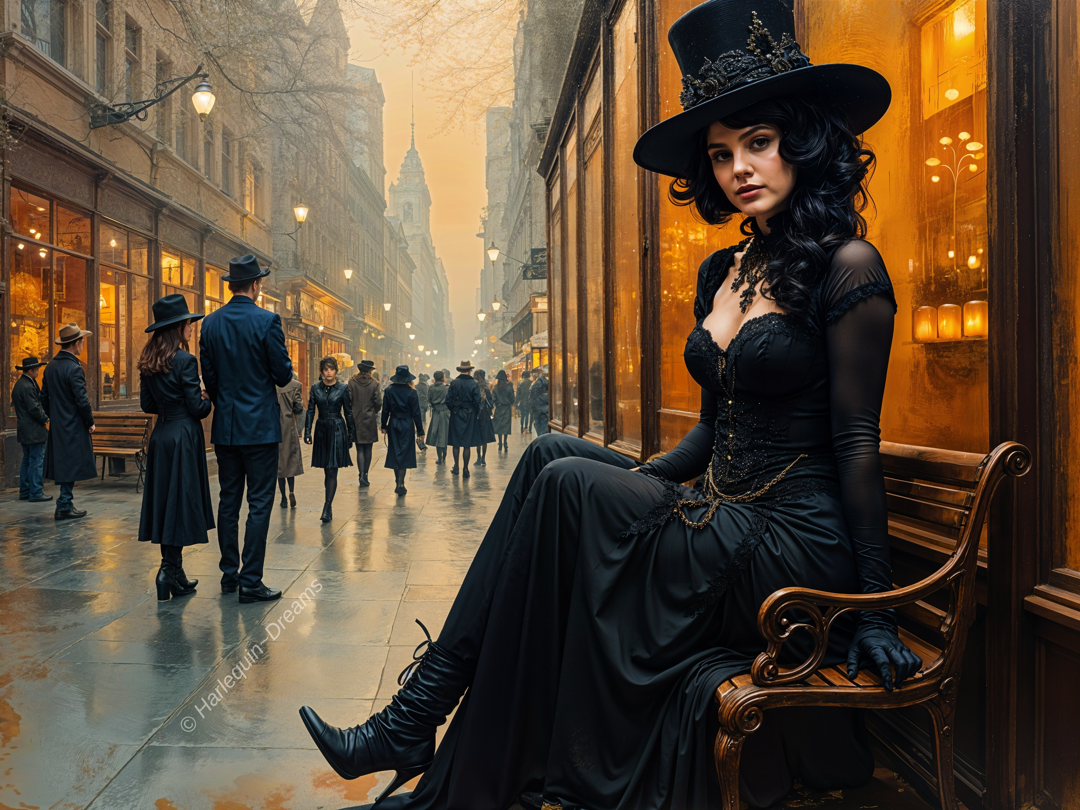 Elegant Woman in Vintage Street Setting with Mist