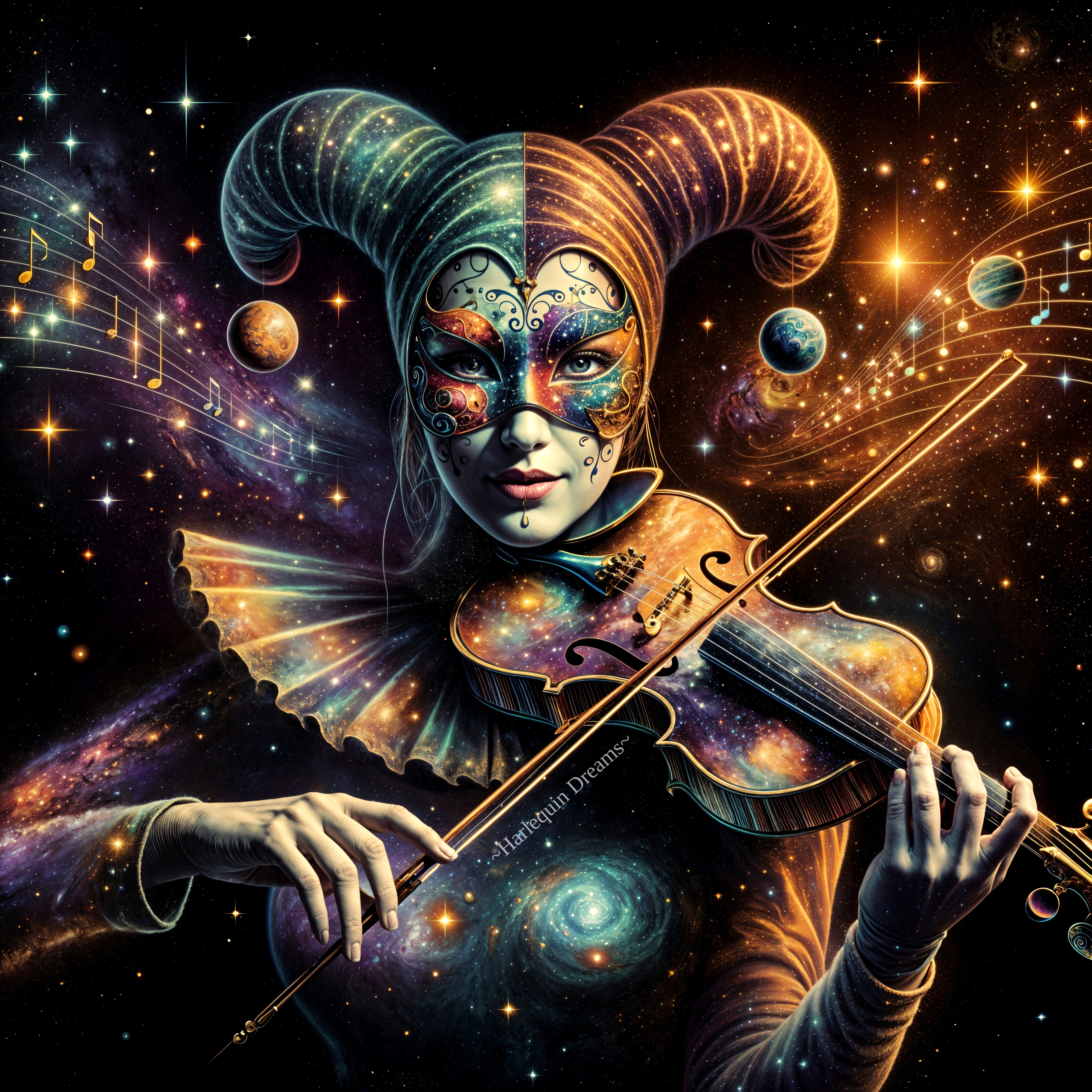 Cosmic Jester with Violin in Celestial Setting