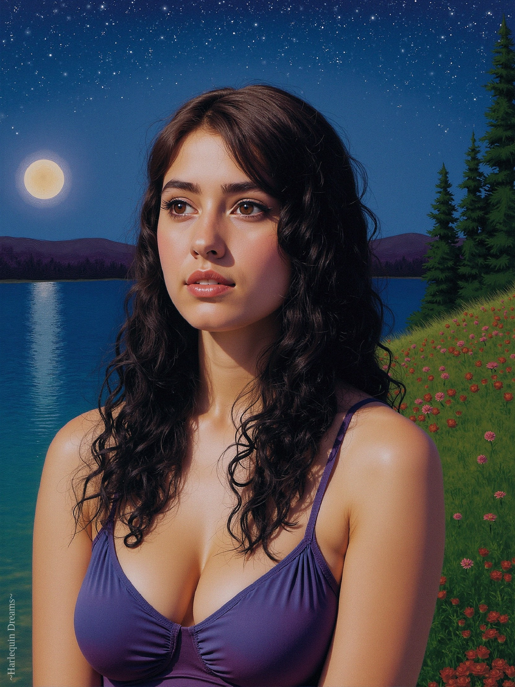 Young Woman by Tranquil Lake Under Starlit Sky