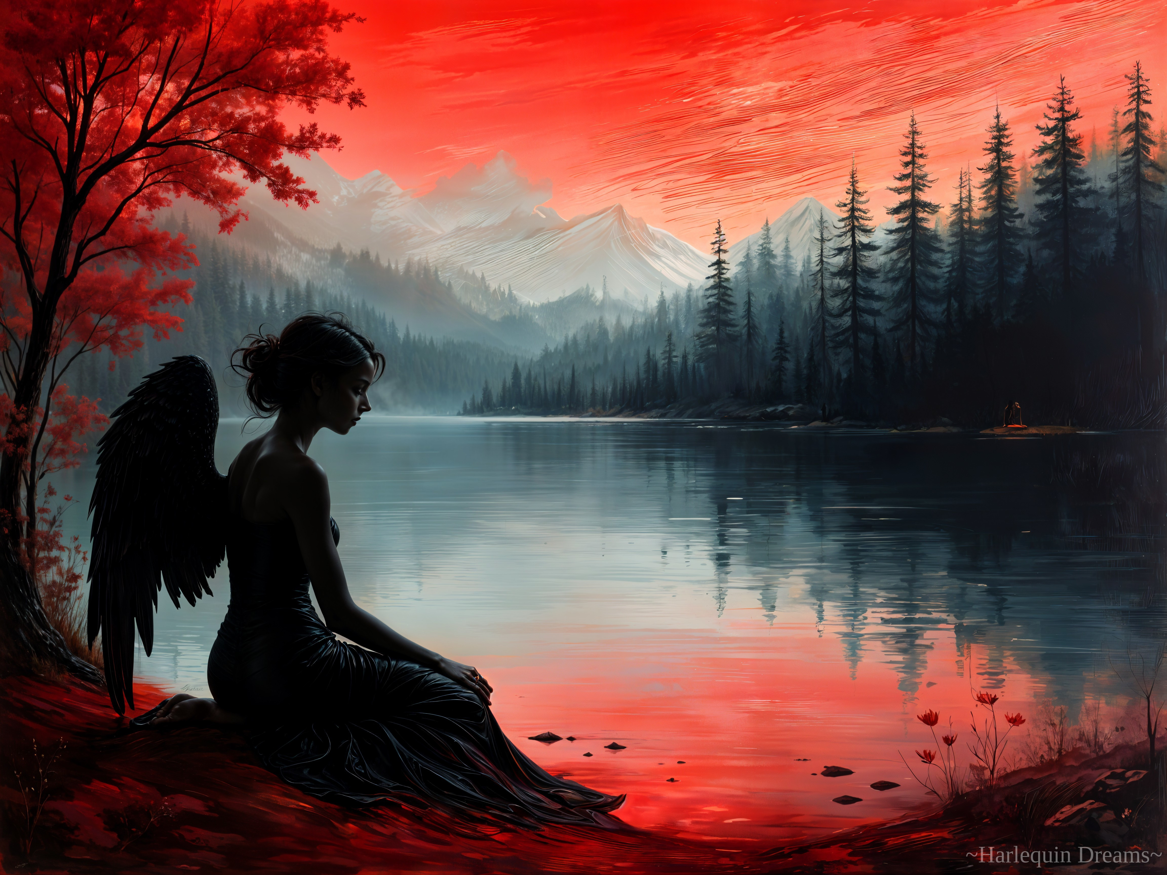 Silhouette of a woman with wings by a tranquil lake