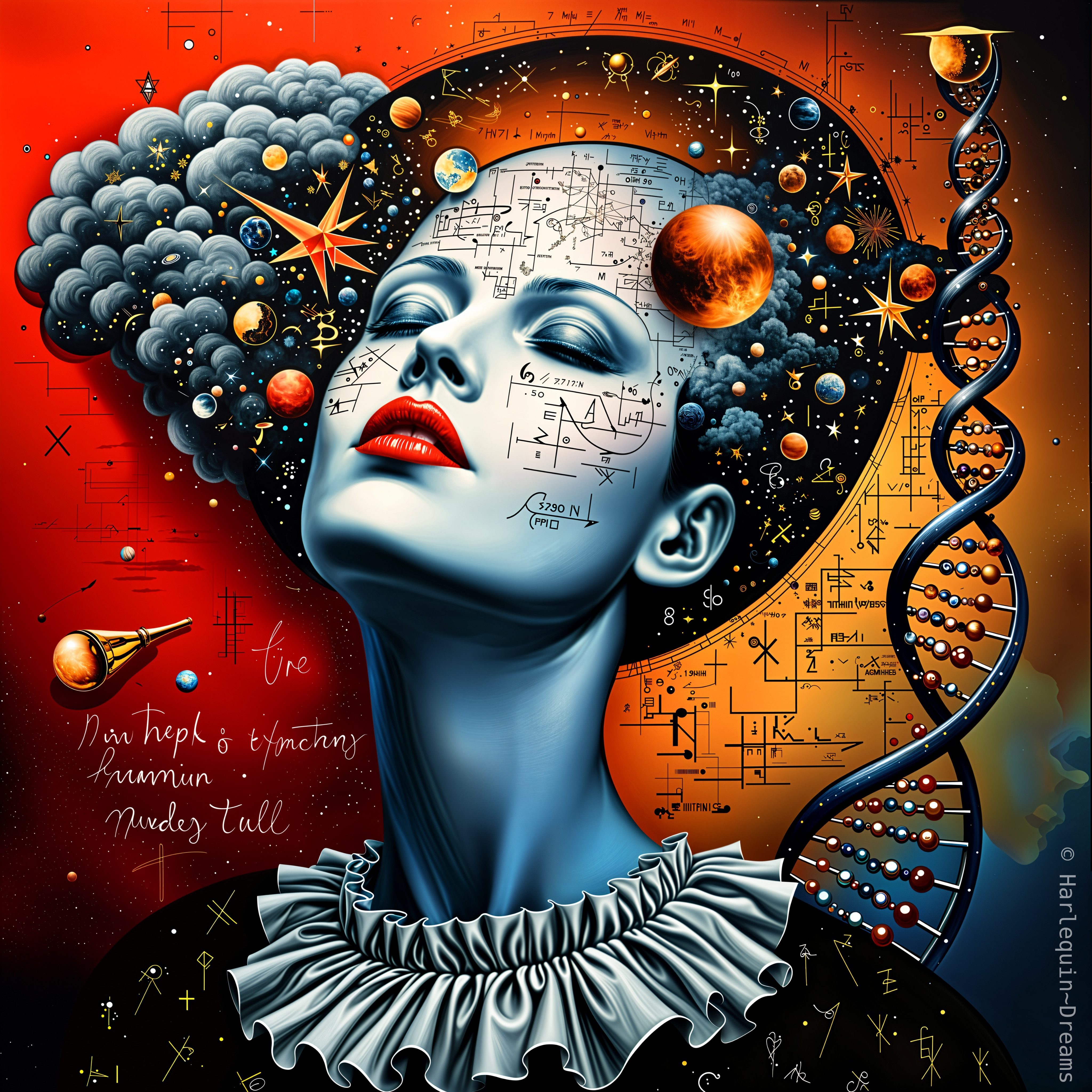 Surreal Artwork of Woman with Celestial Elements