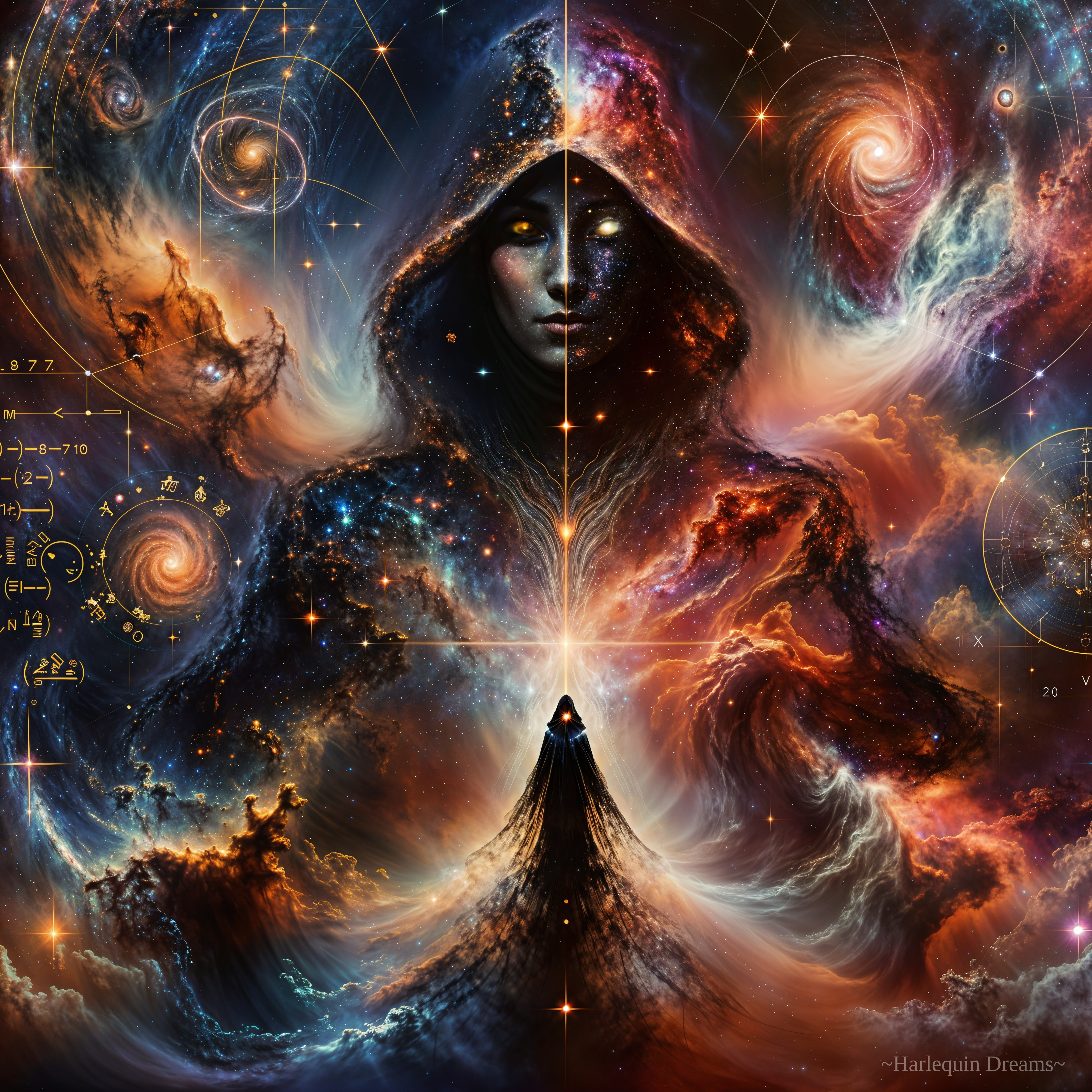 Mysterious Figure in Cosmic Backdrop with Equations
