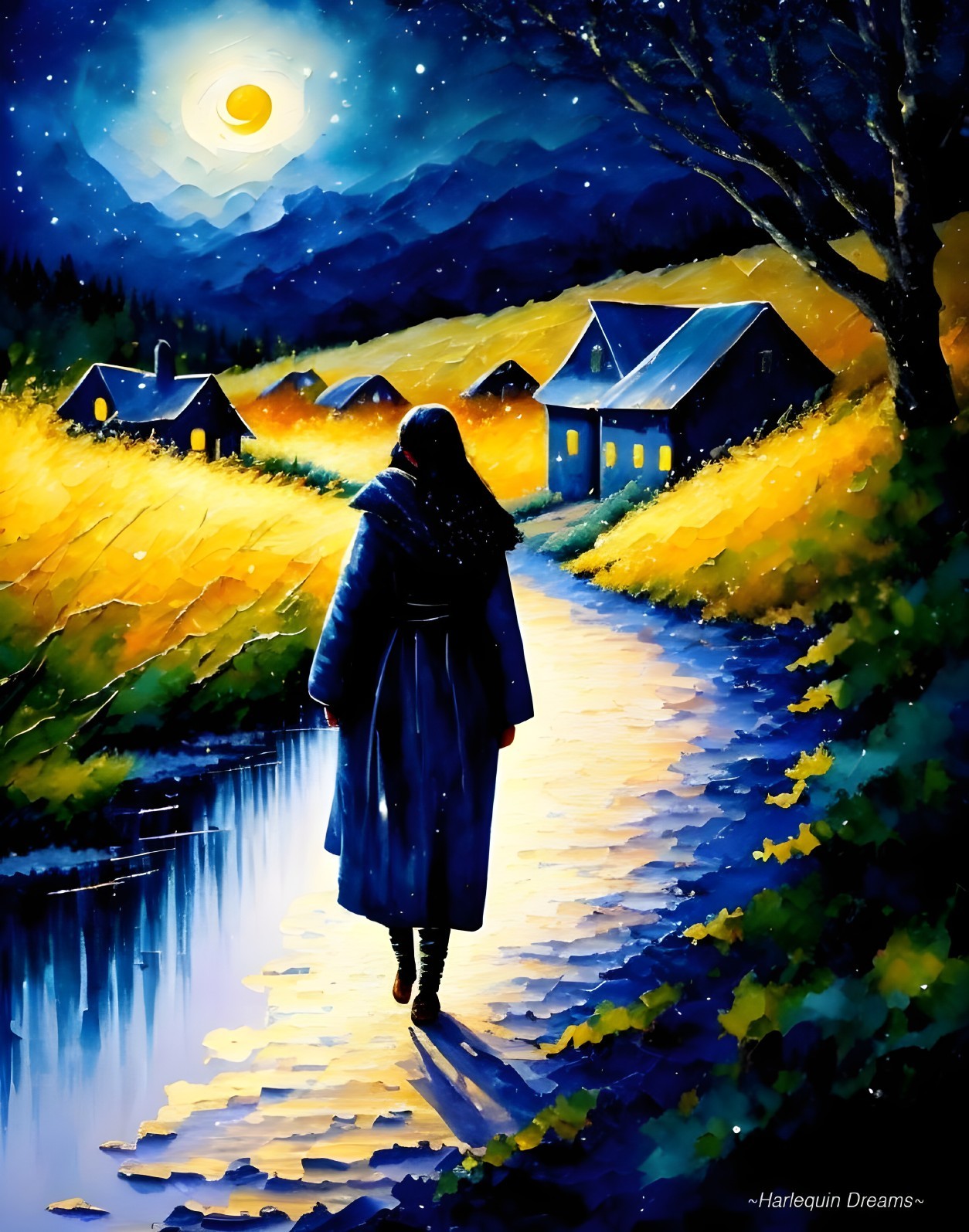 Serene Night Scene with Moonlit Path and Stars