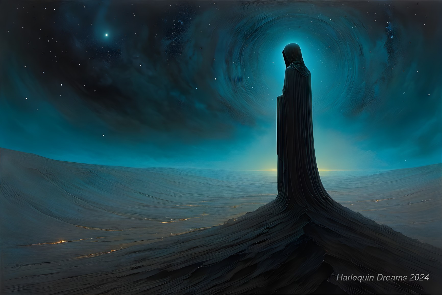 Solitary Figure in Cloak on Desolate Landscape at Night