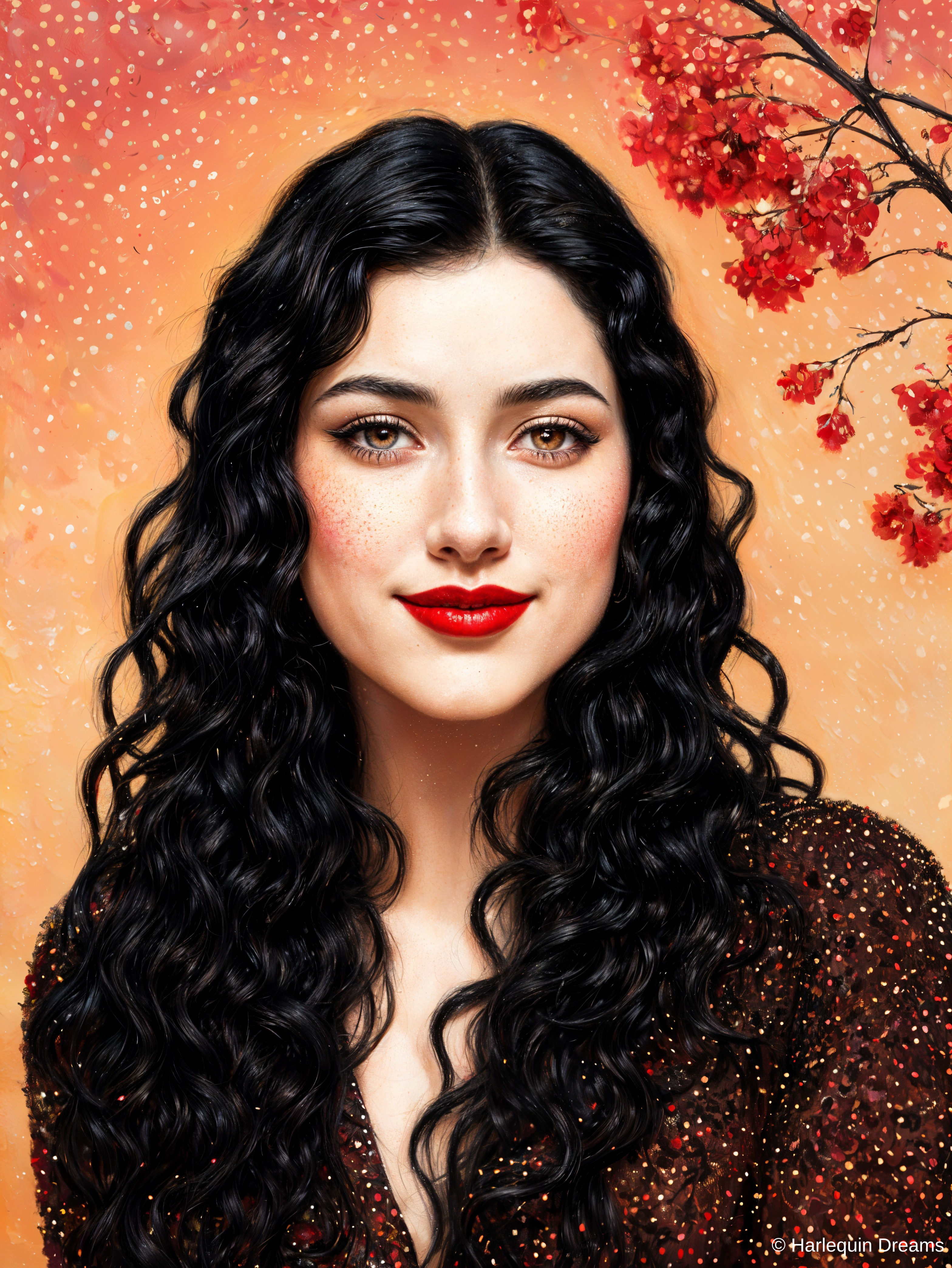 Portrait of a woman with black hair and cherry blossoms
