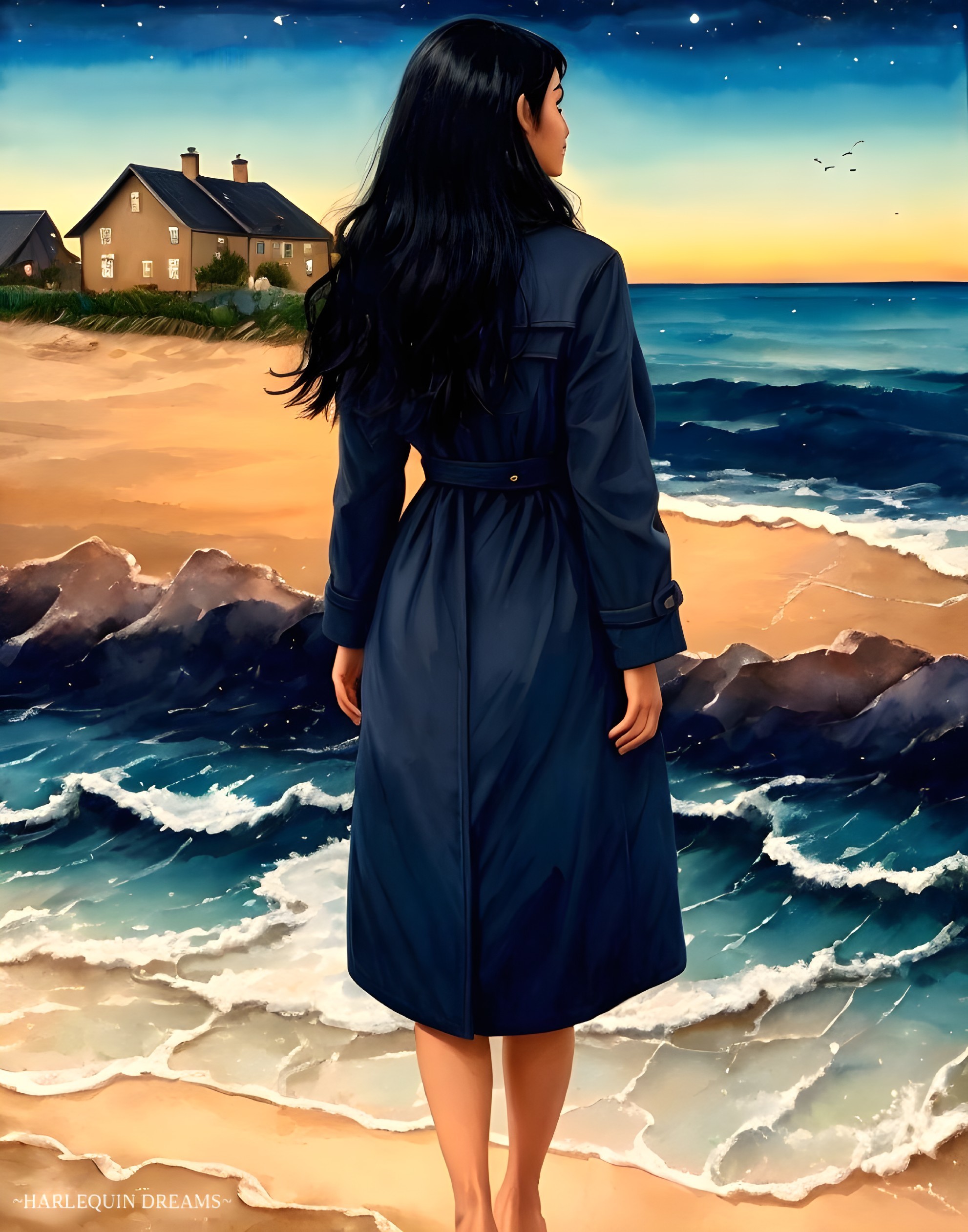 Woman in dark coat at twilight beach scene
