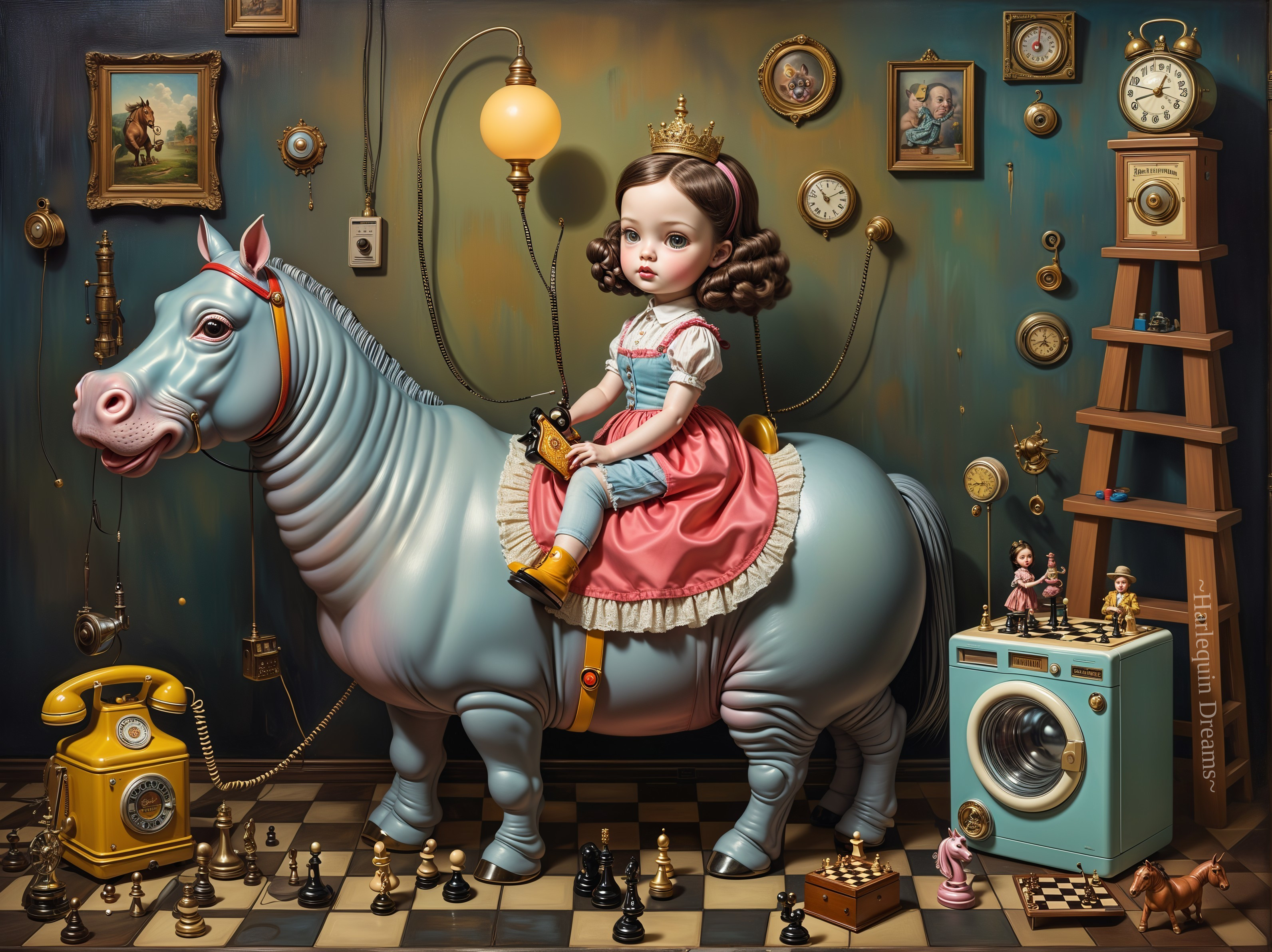 Whimsical Doll on Blue Horse Amid Vintage Decor