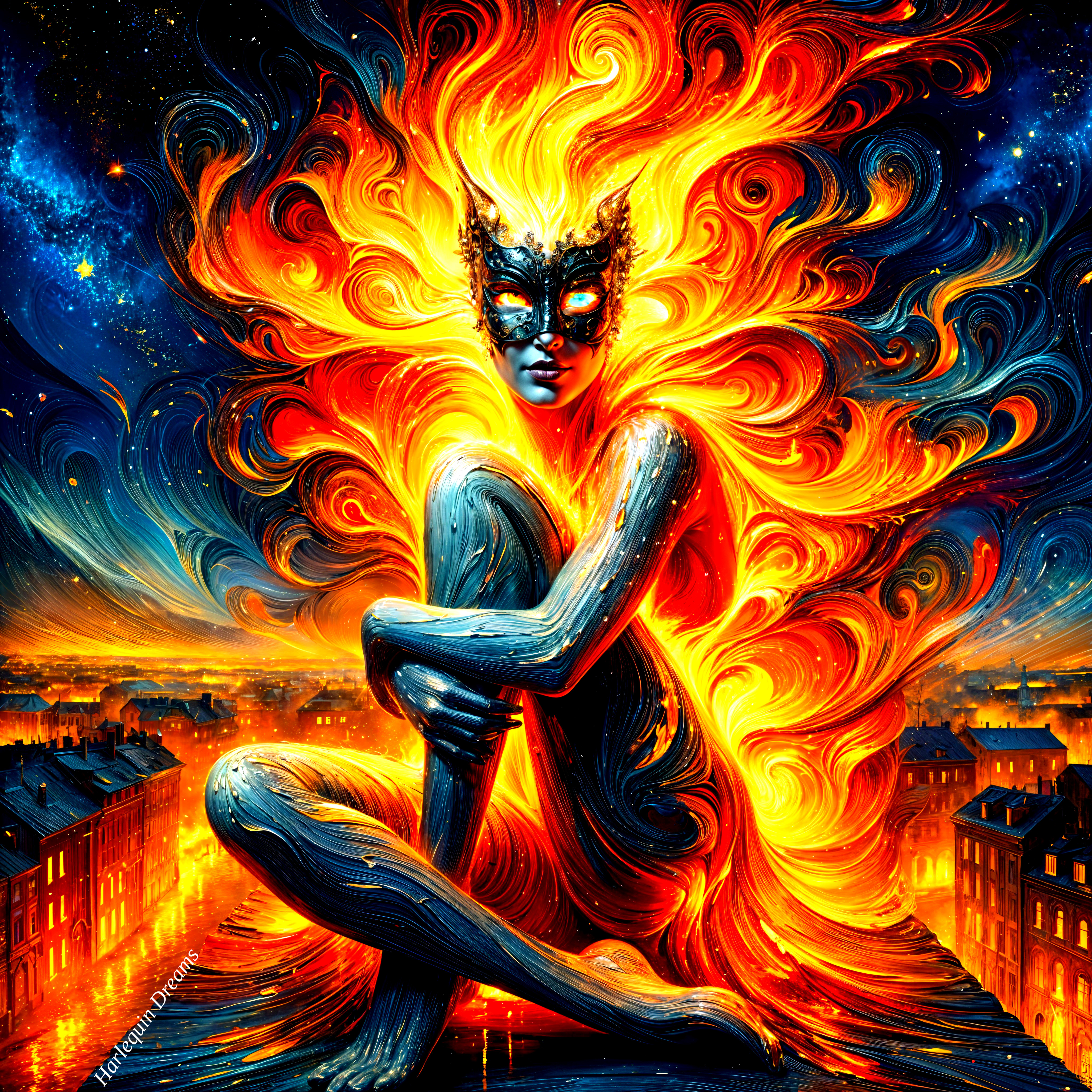 Vibrant Figure with Fiery Hair in Starry Cityscape