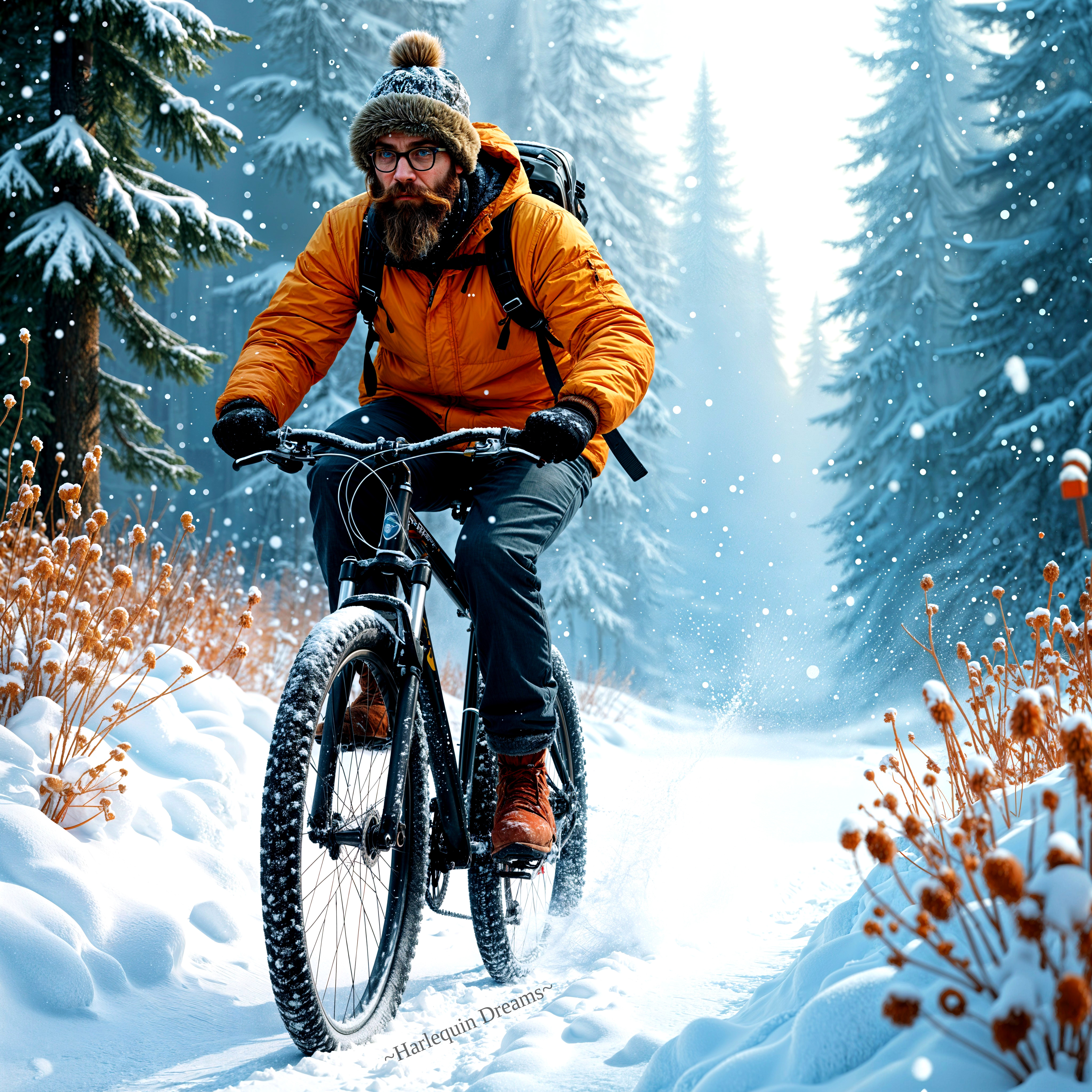 Cyclist in Snowy Forest with Evergreen Trees