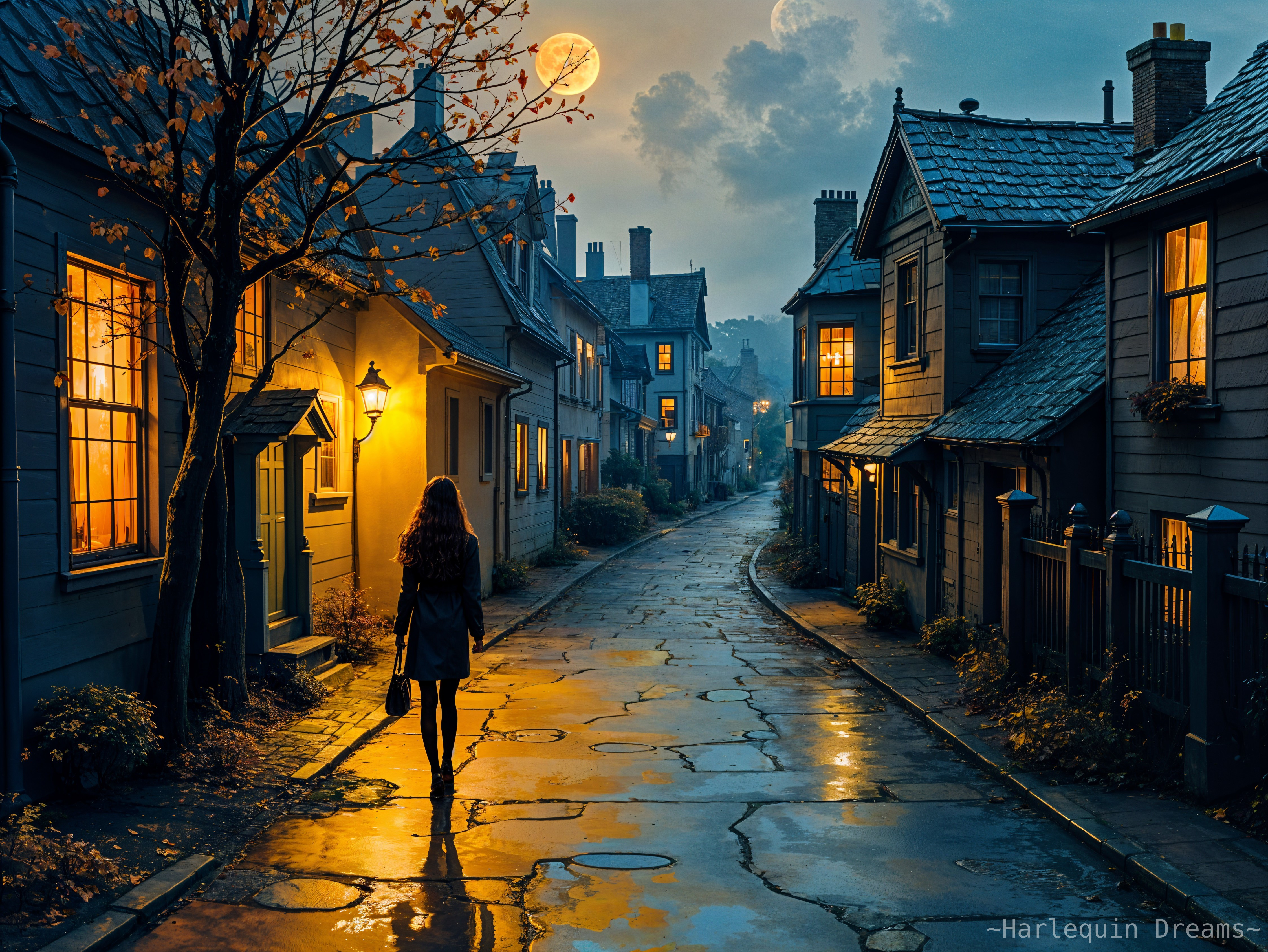 Tranquil Evening Scene on a Cobblestone Street