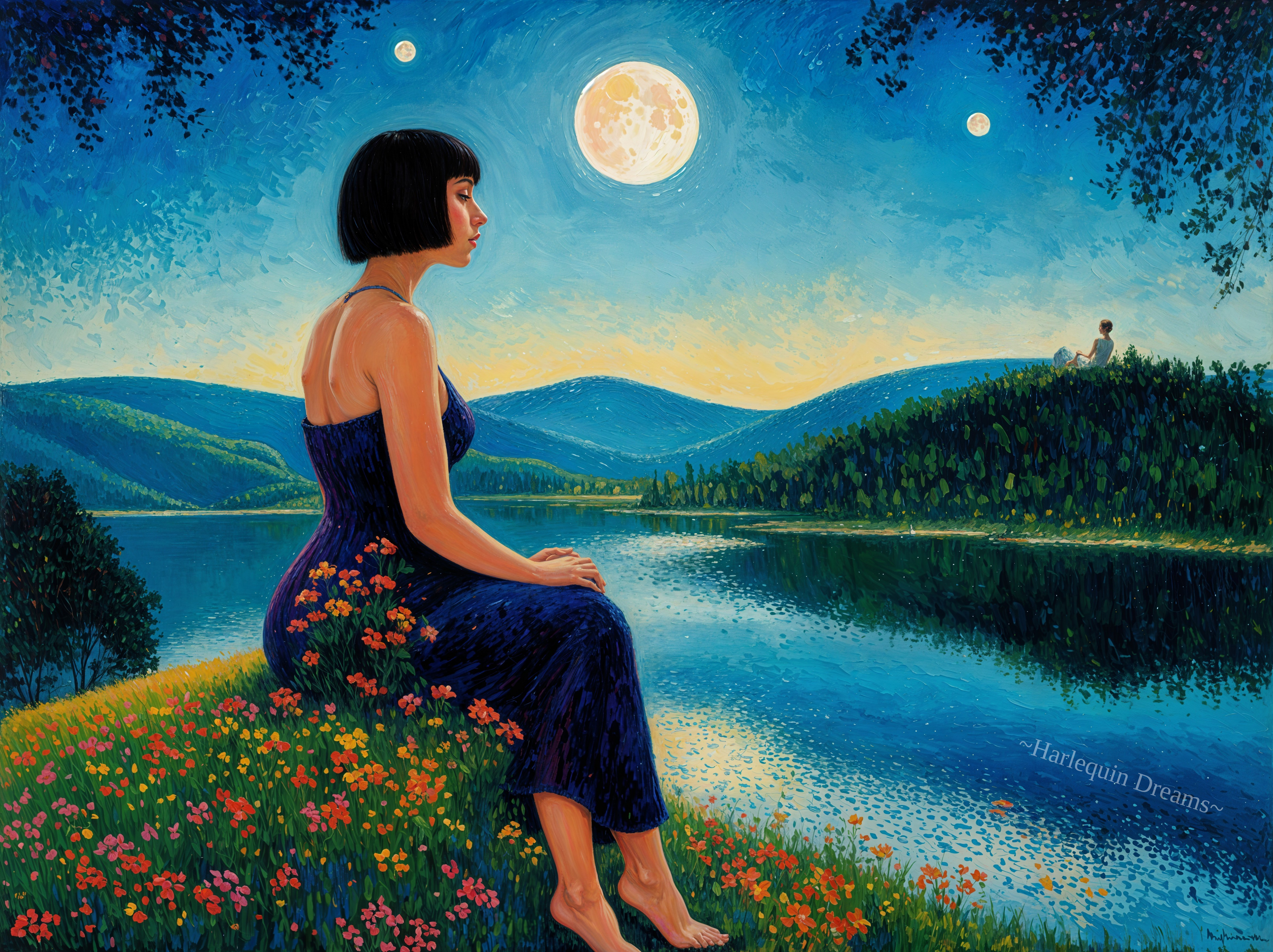 Twilight Scene of a Woman by a Tranquil Lake