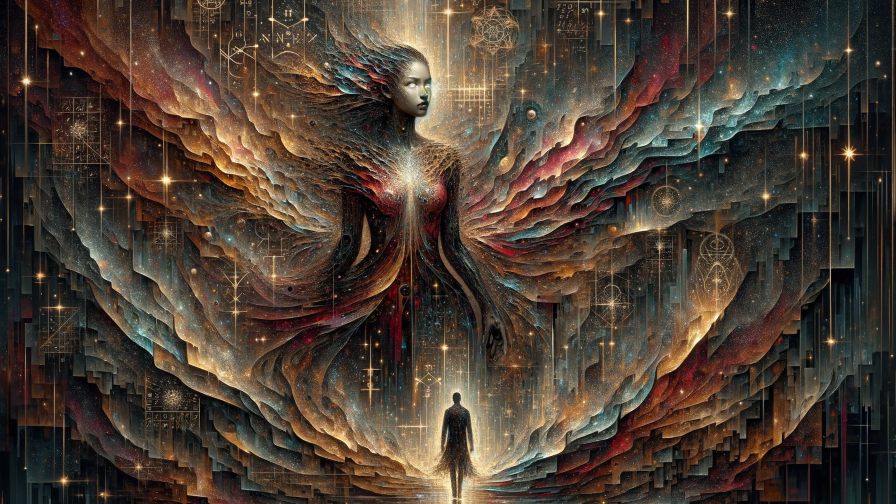 Cosmic Deity with Glowing Human Figure in Colorful Clouds