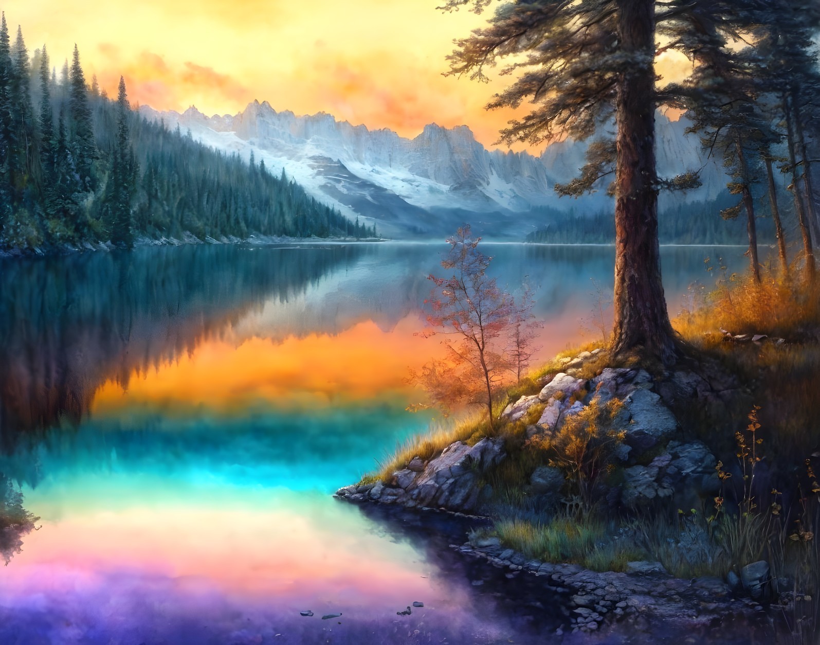 Scenic sunrise over lake with mountain reflections