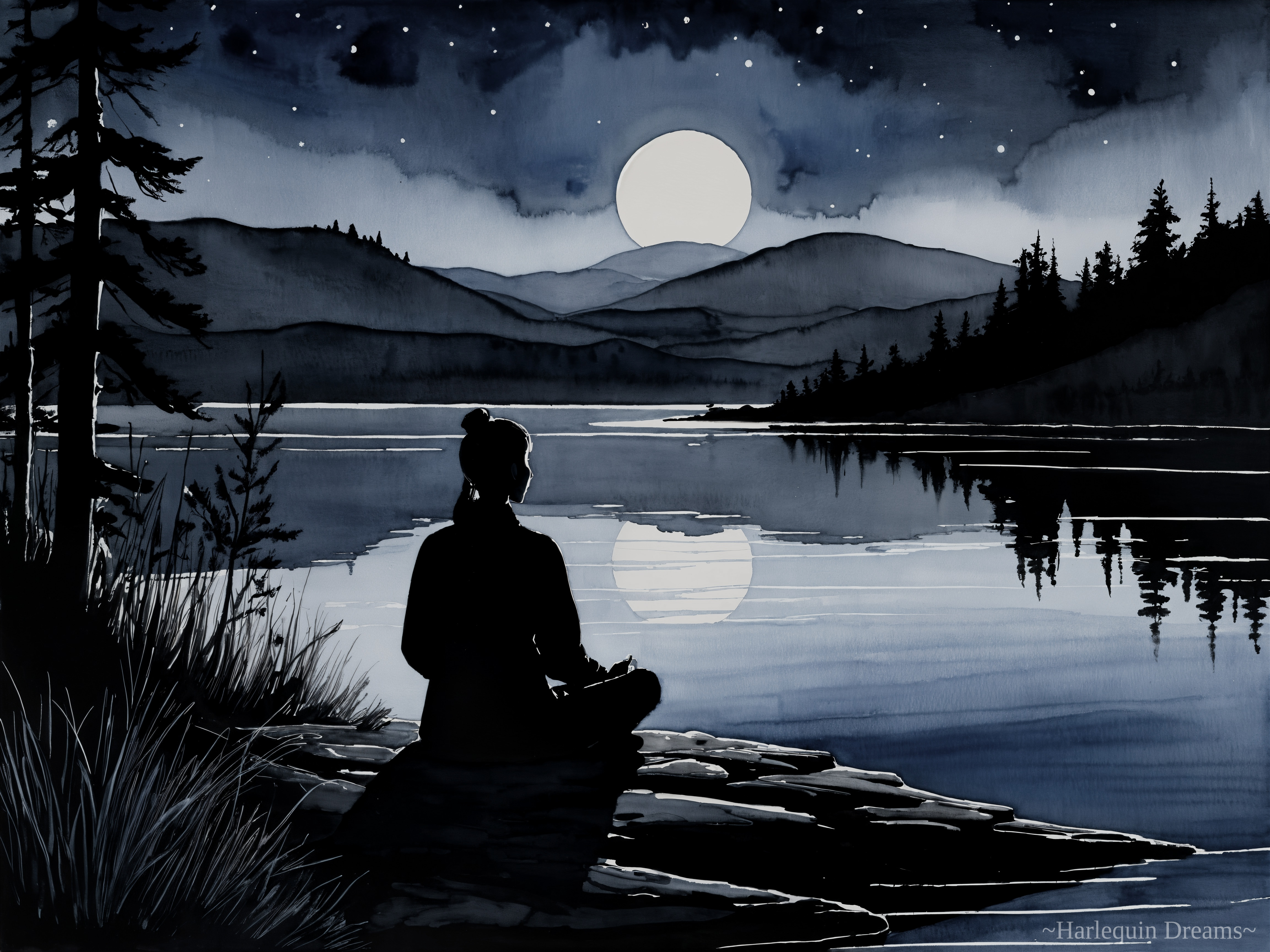 Tranquil Black-and-White Lakeside Night Scene