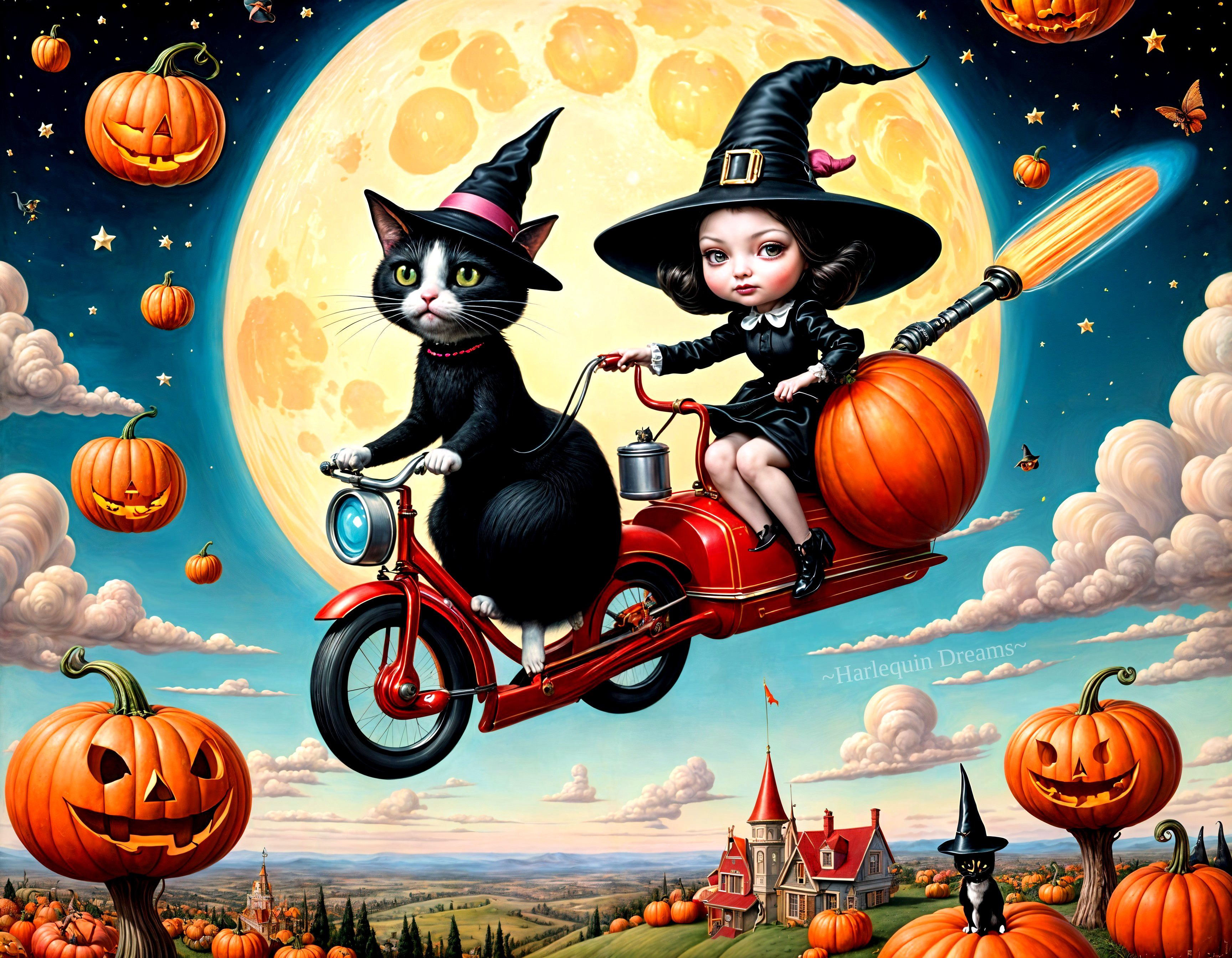 Whimsical Halloween Scene with Girl, Cat, and Pumpkins