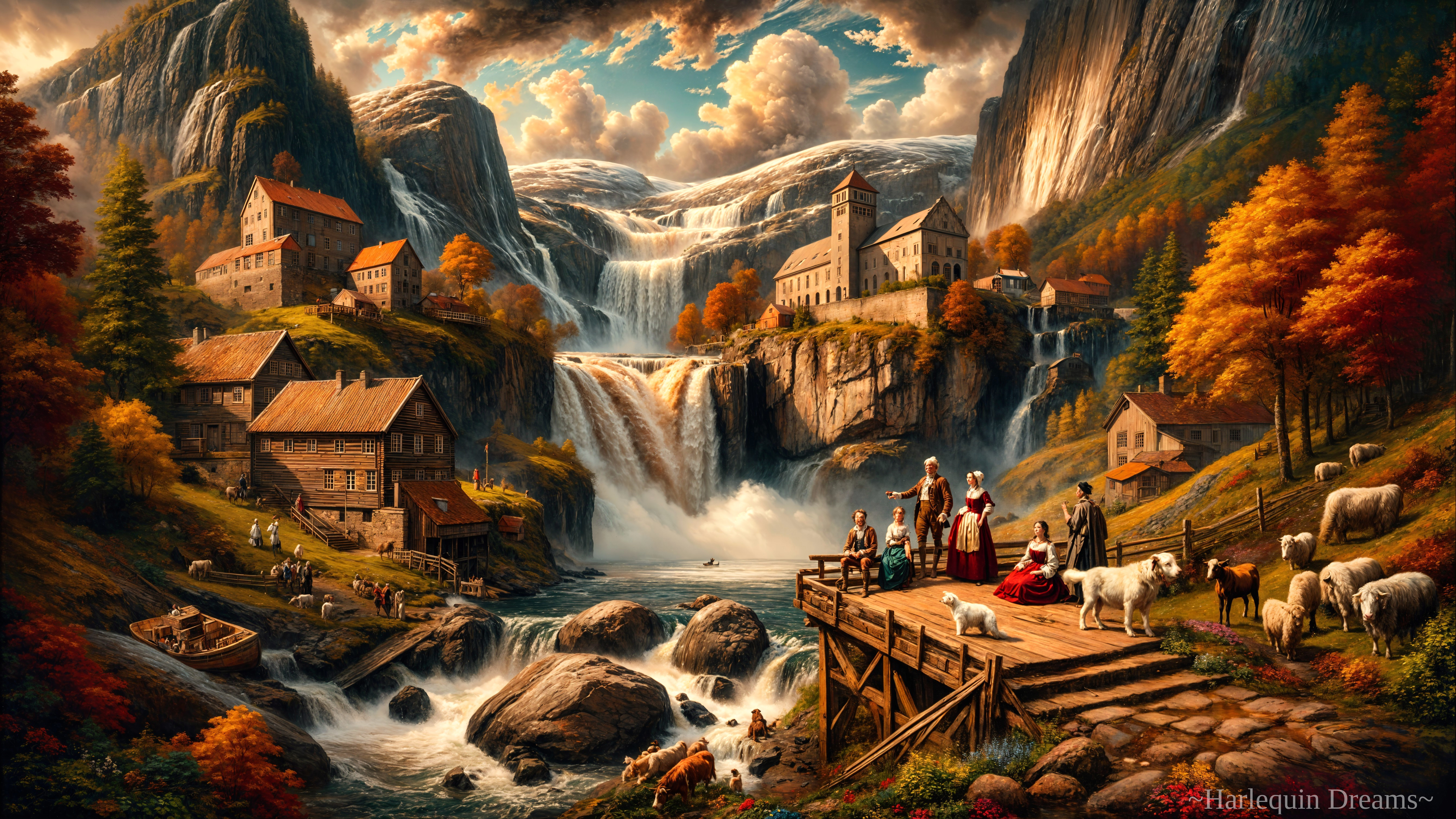 Serene Waterfall in Autumn Landscape with Villagers