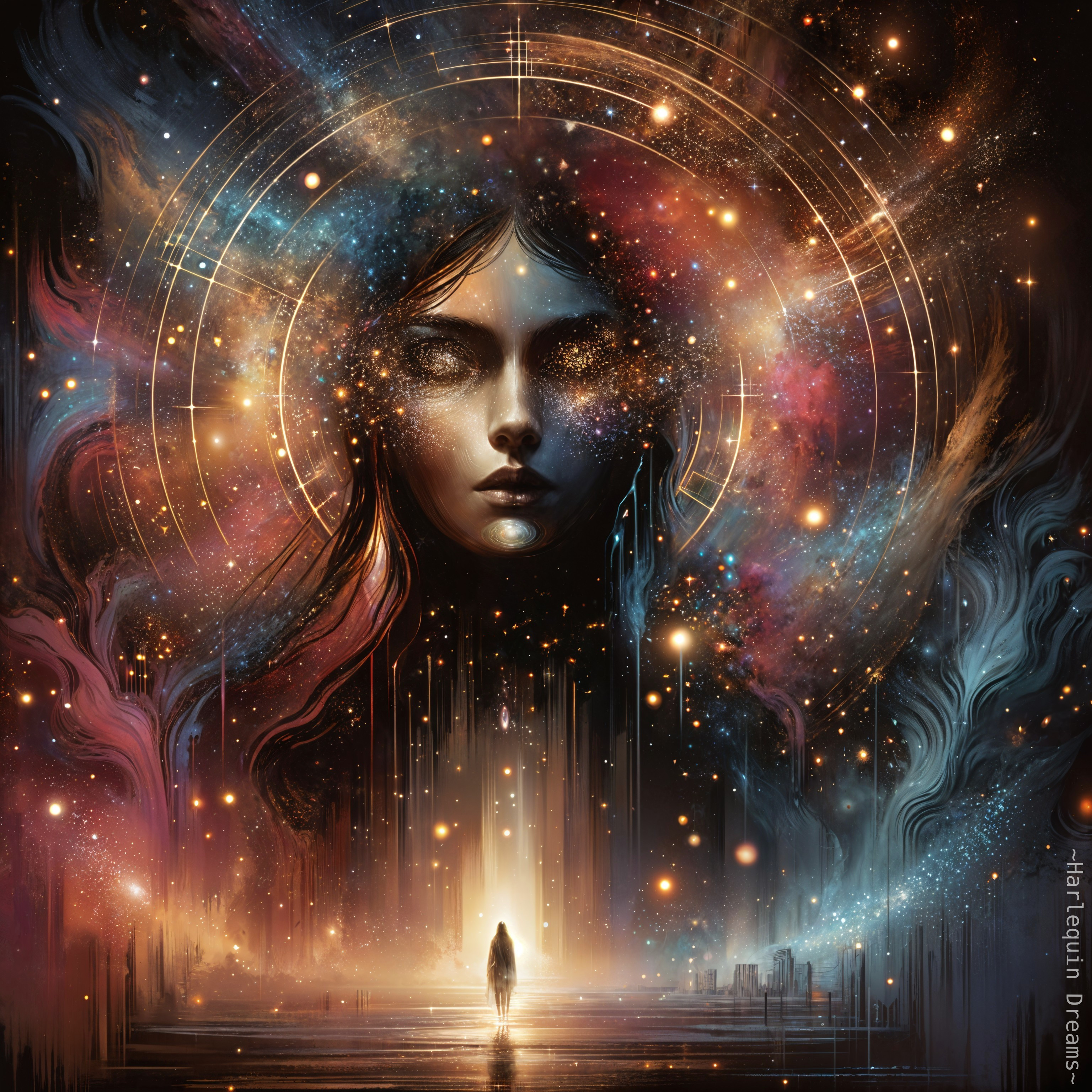 Surreal Cosmic Scene with Luminous Cityscape and Stars