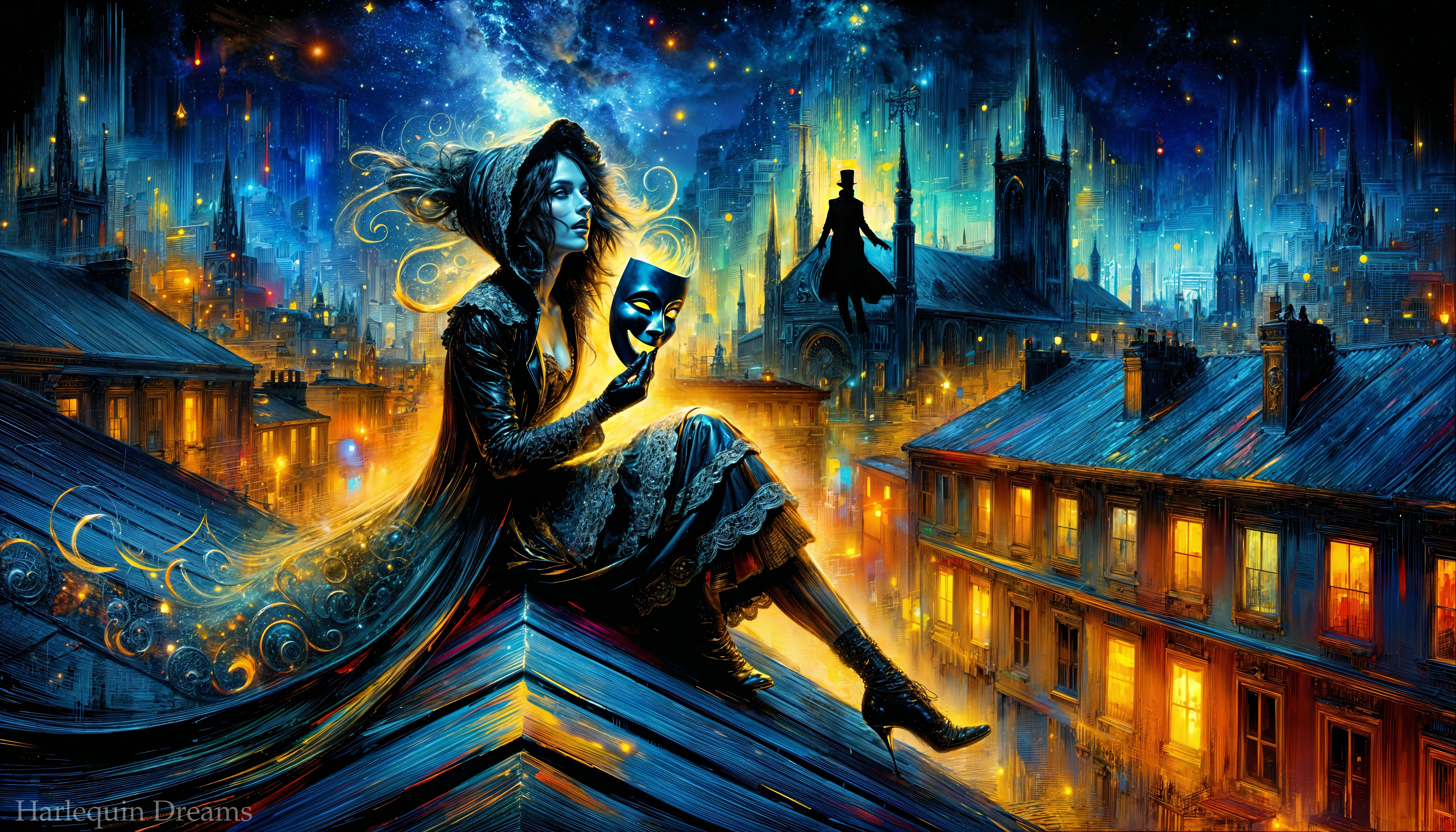 Mysterious Figure on Rooftop with Mask and Cityscape