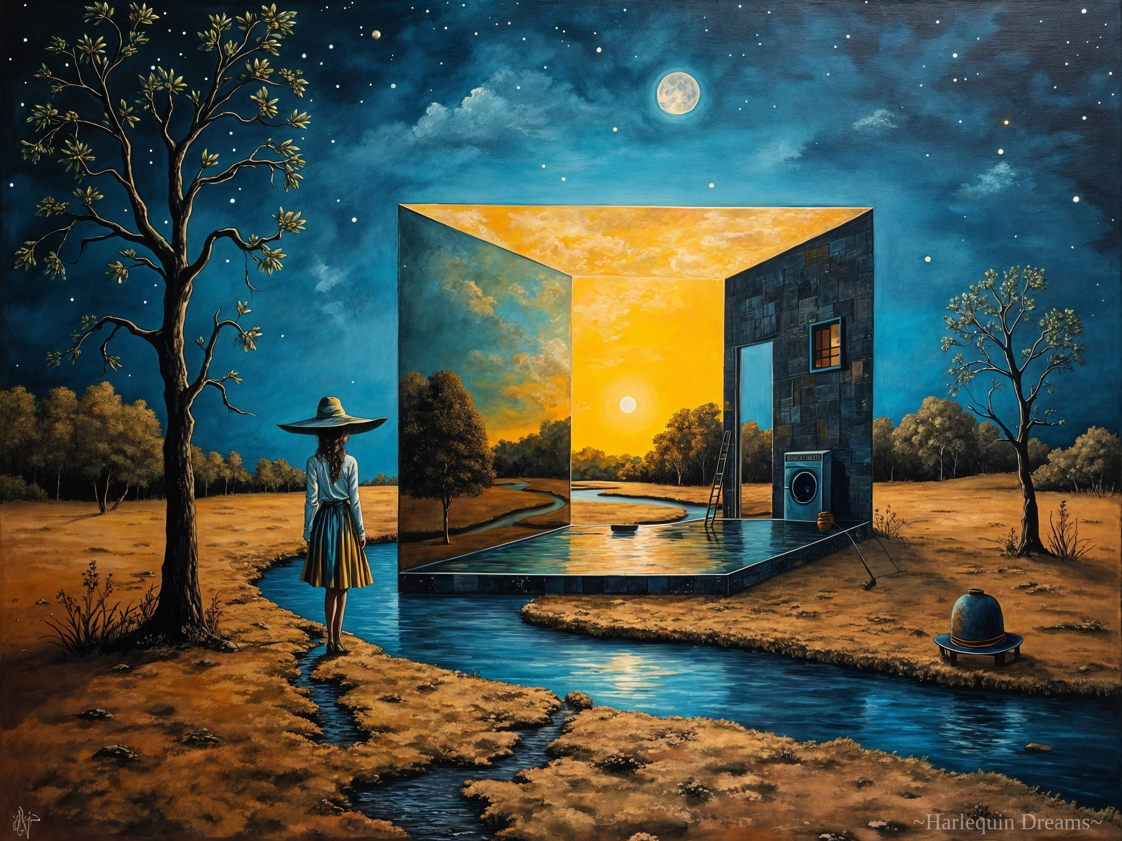 Surreal Landscape with Woman by a Serene Stream