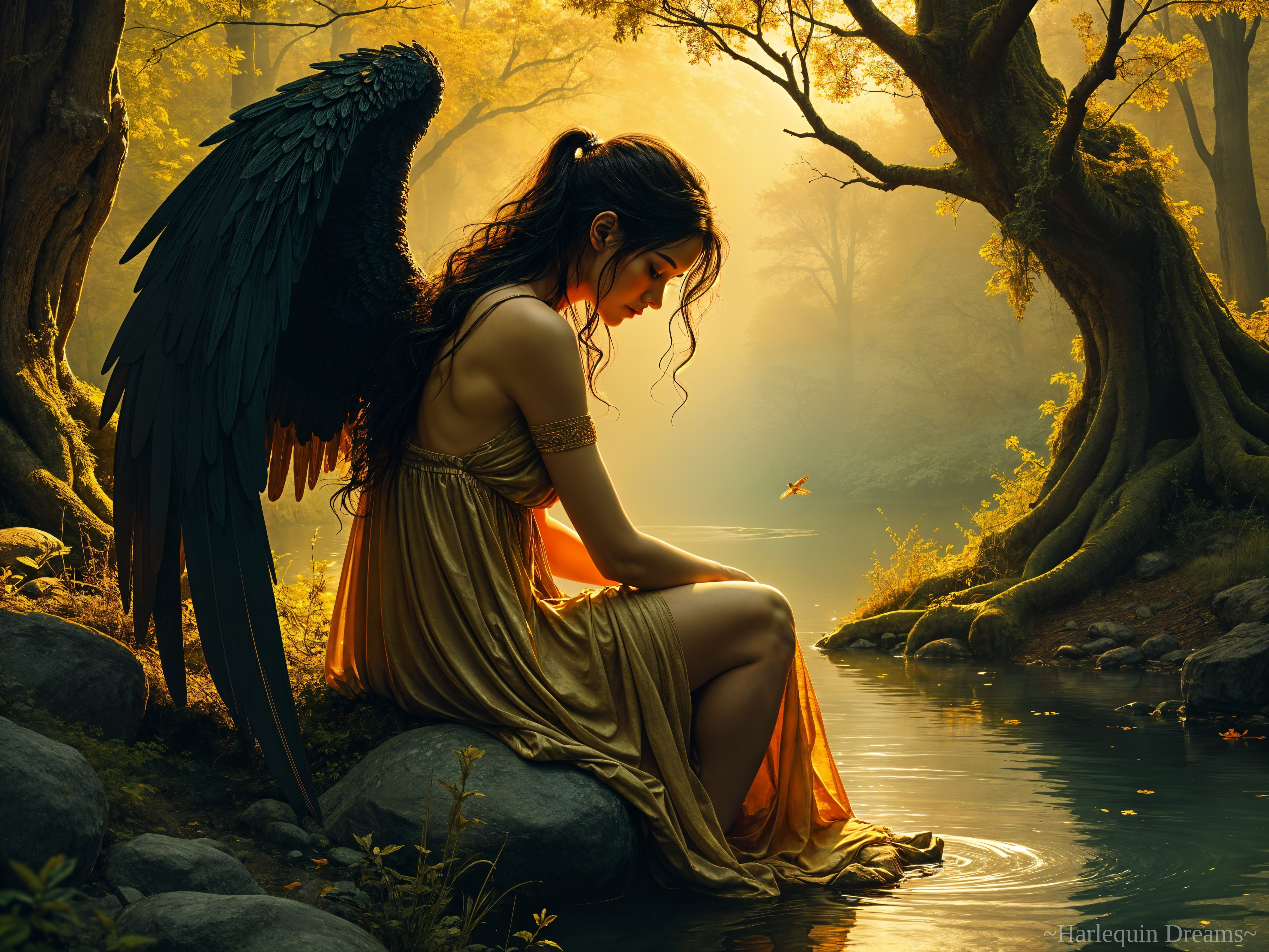 Young Woman with Black Wings by a Tranquil Stream