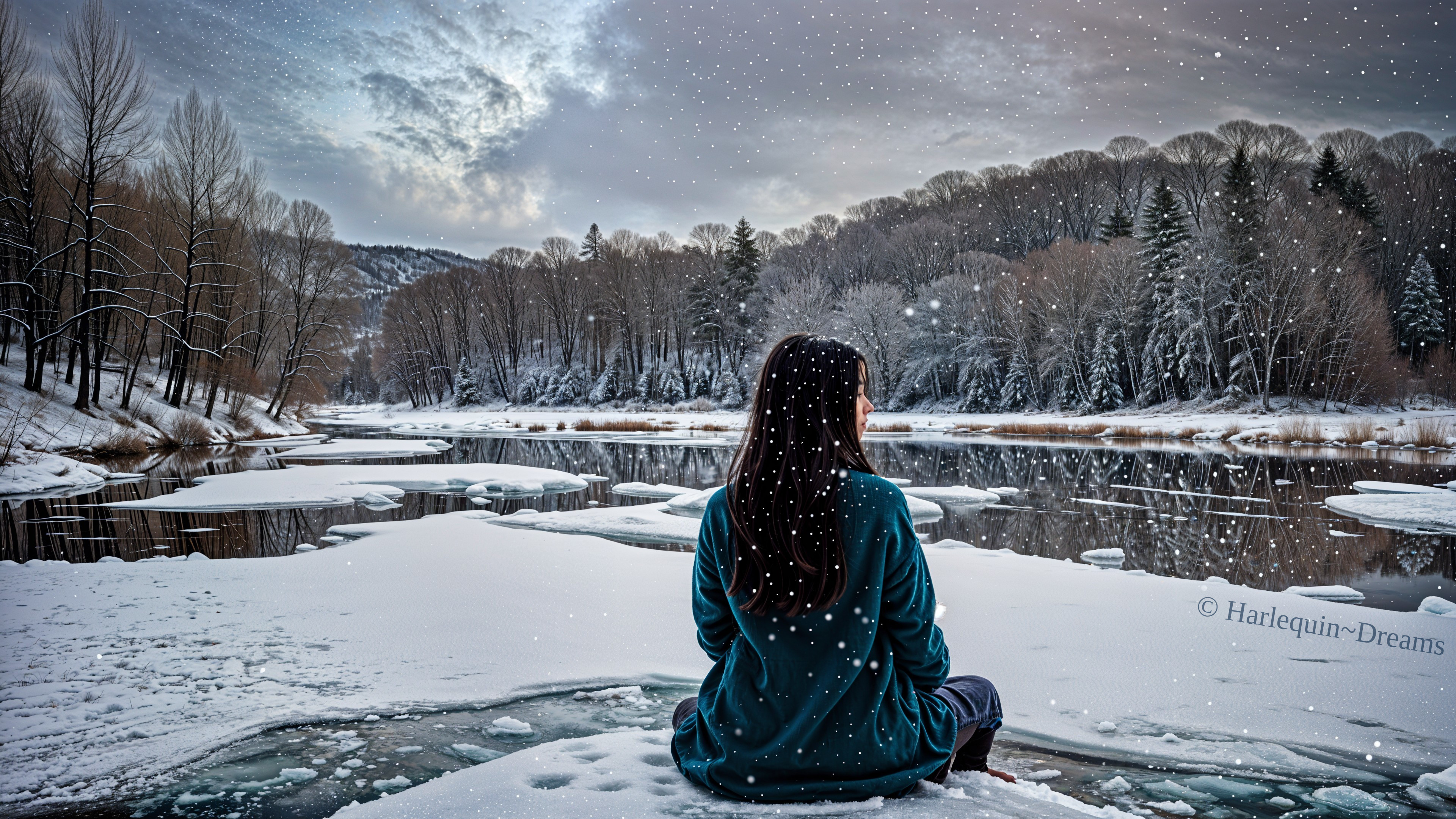 Serene winter scene by a snowy riverbank