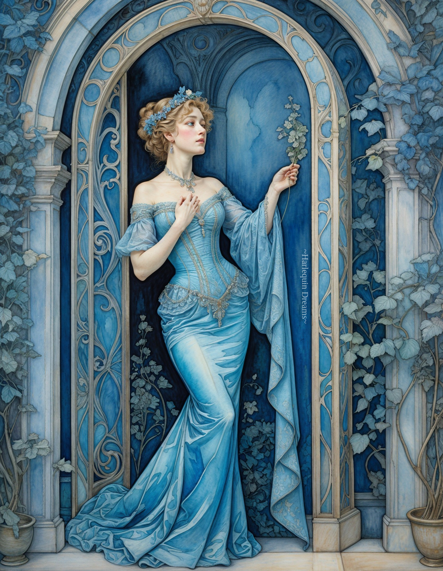 Elegant Woman in Blue Gown in Ornate Archway