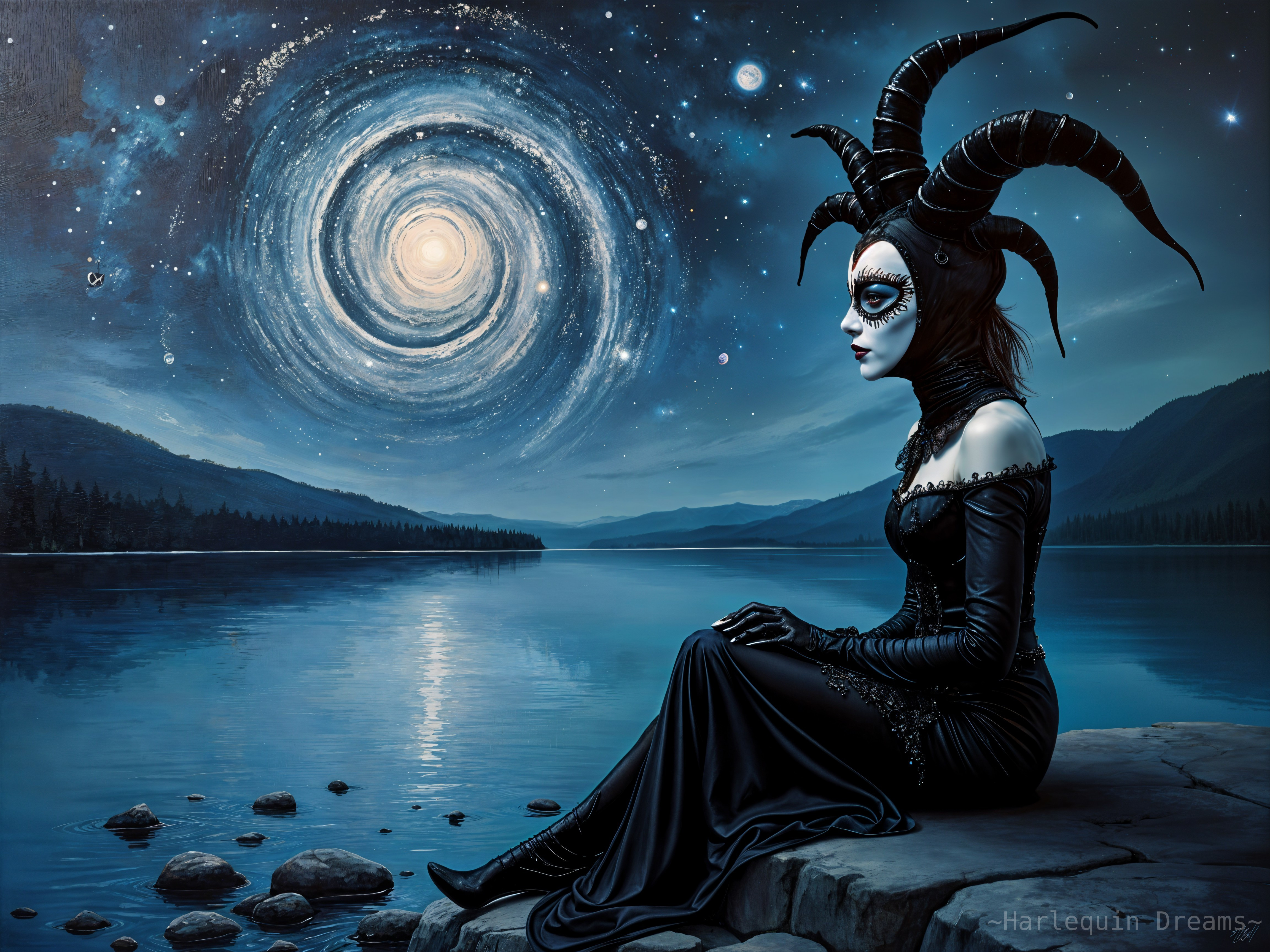 Elegant Figure by Tranquil Lake Under Galaxy Sky
