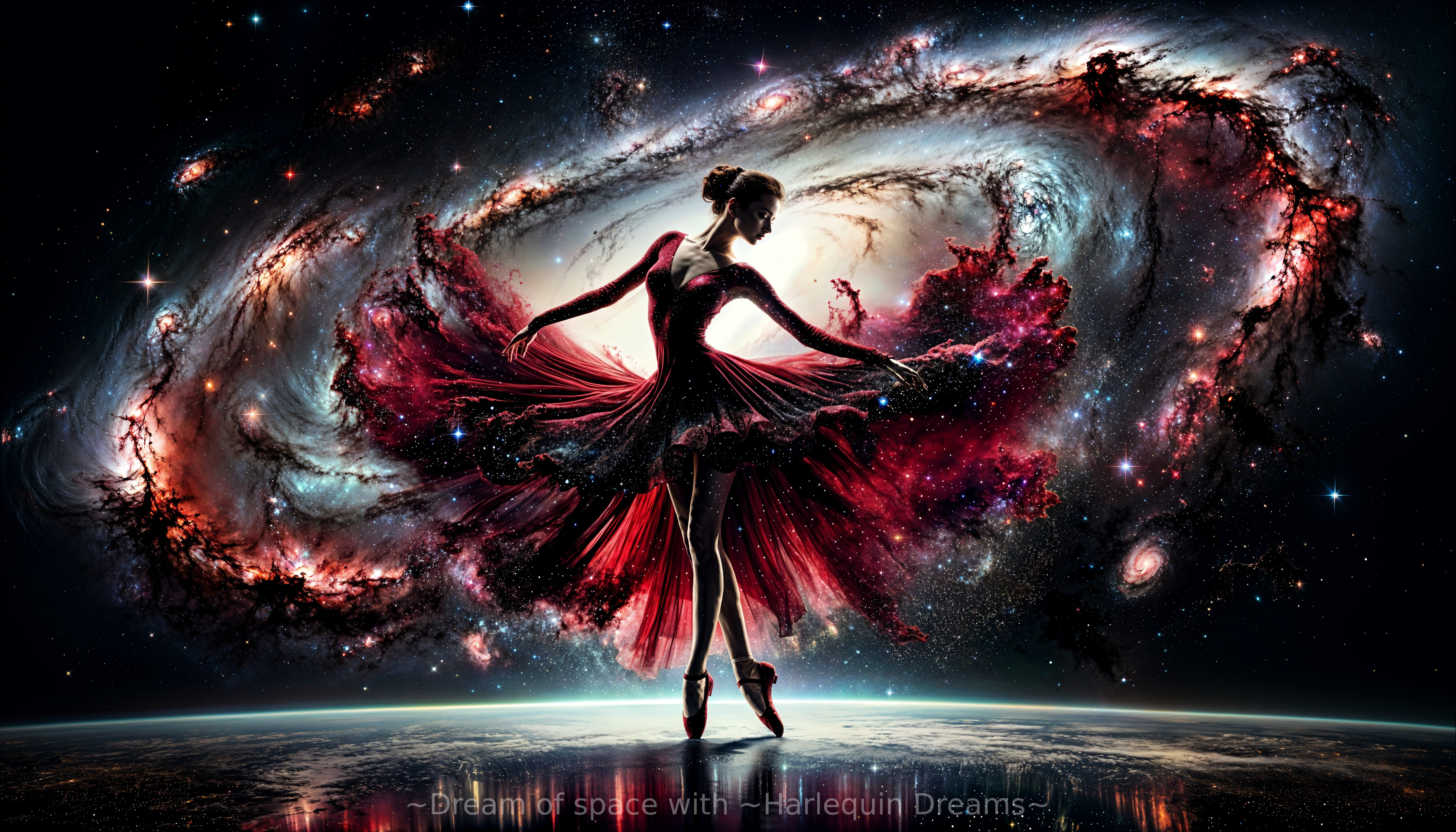Ballerina in Red and Black Dress Against Cosmic Scene