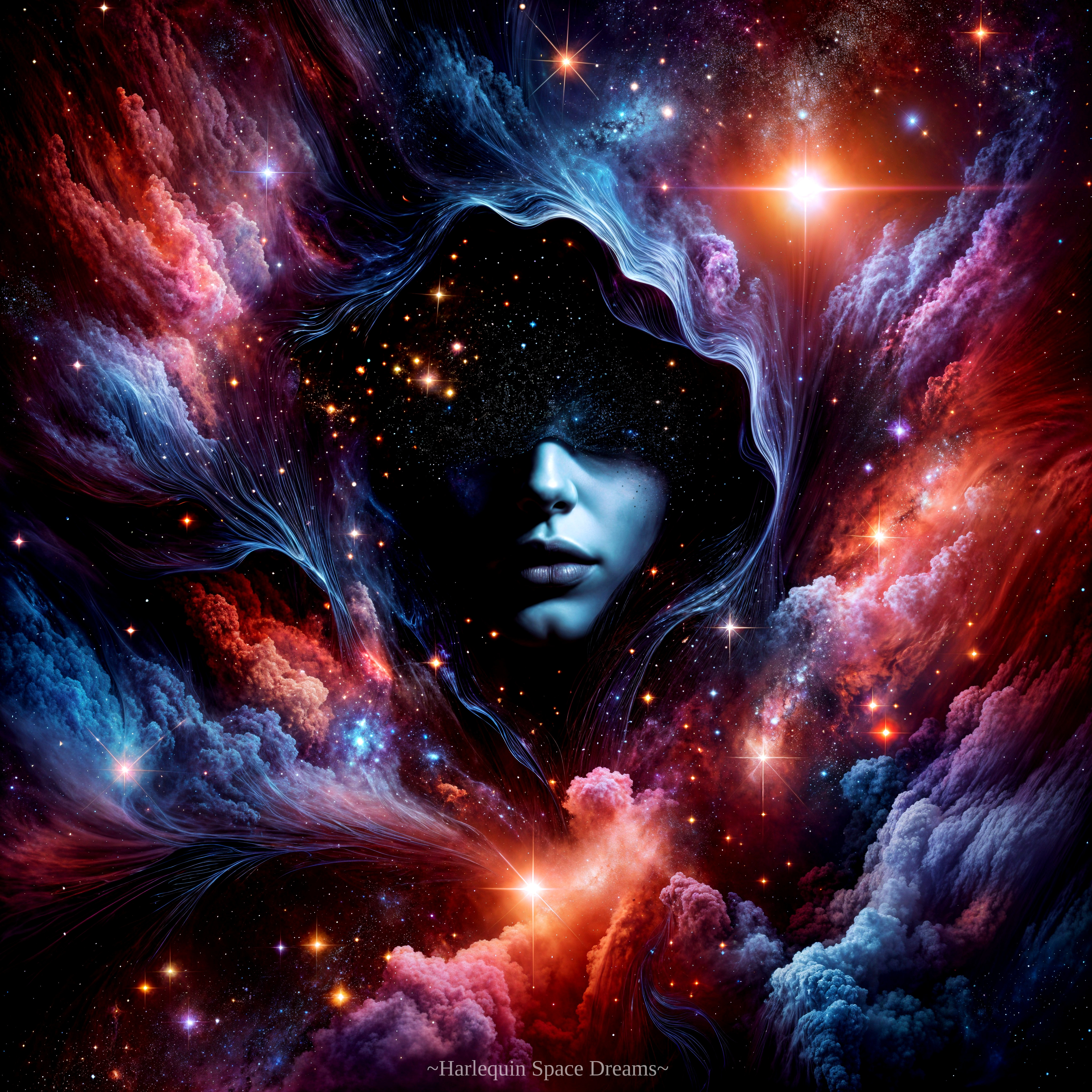 Cosmic Scene with Serene Face Amidst Nebulae and Stars