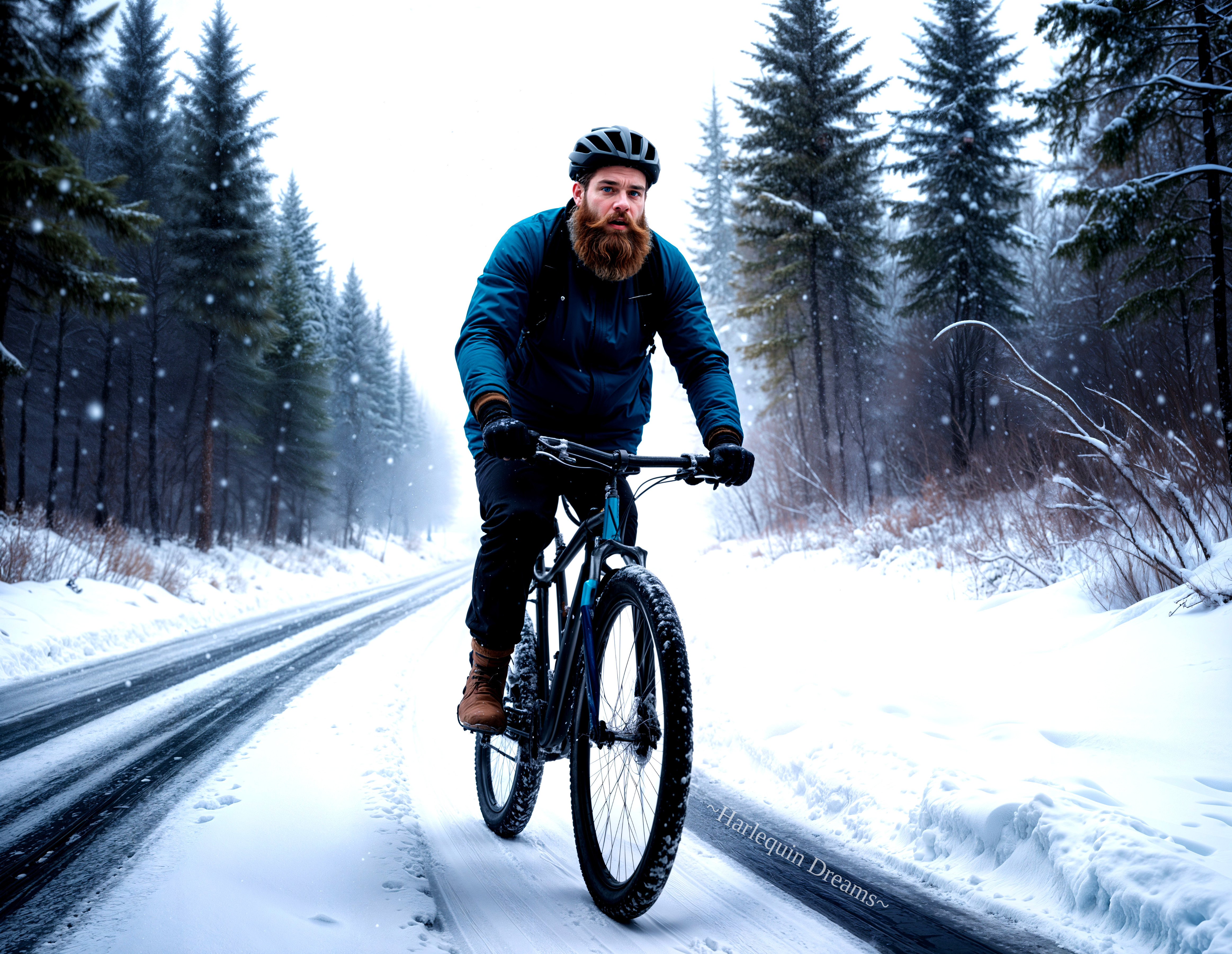 Cyclist on Snow-Covered Road in Winter Woods